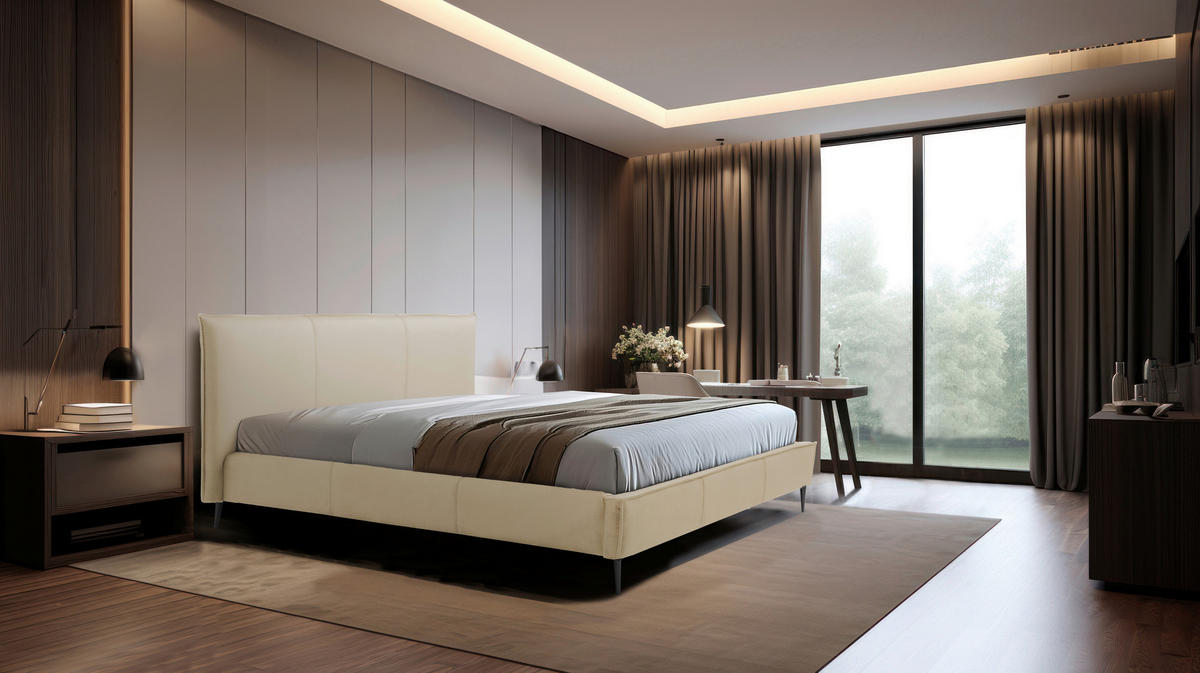 POLSTERBETT 140/200 cm,  in Beige, gepolstertes Kopfteil,  - Beige/Schwarzchrom, KONVENTIONELL, Leder/Metall (140/200cm) - Esposa