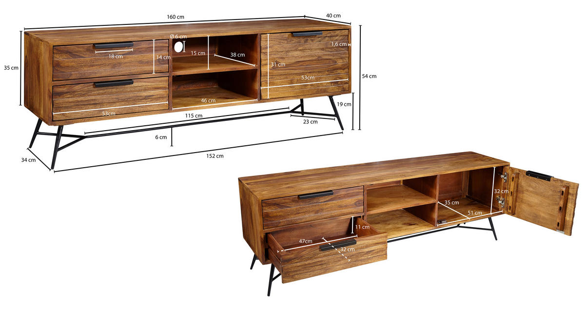 SIDEBOARD 160/54/40 cm  - Sheeshamfarben/Schwarz, Design, Holz/Metall (160/54/40cm) - MID.YOU