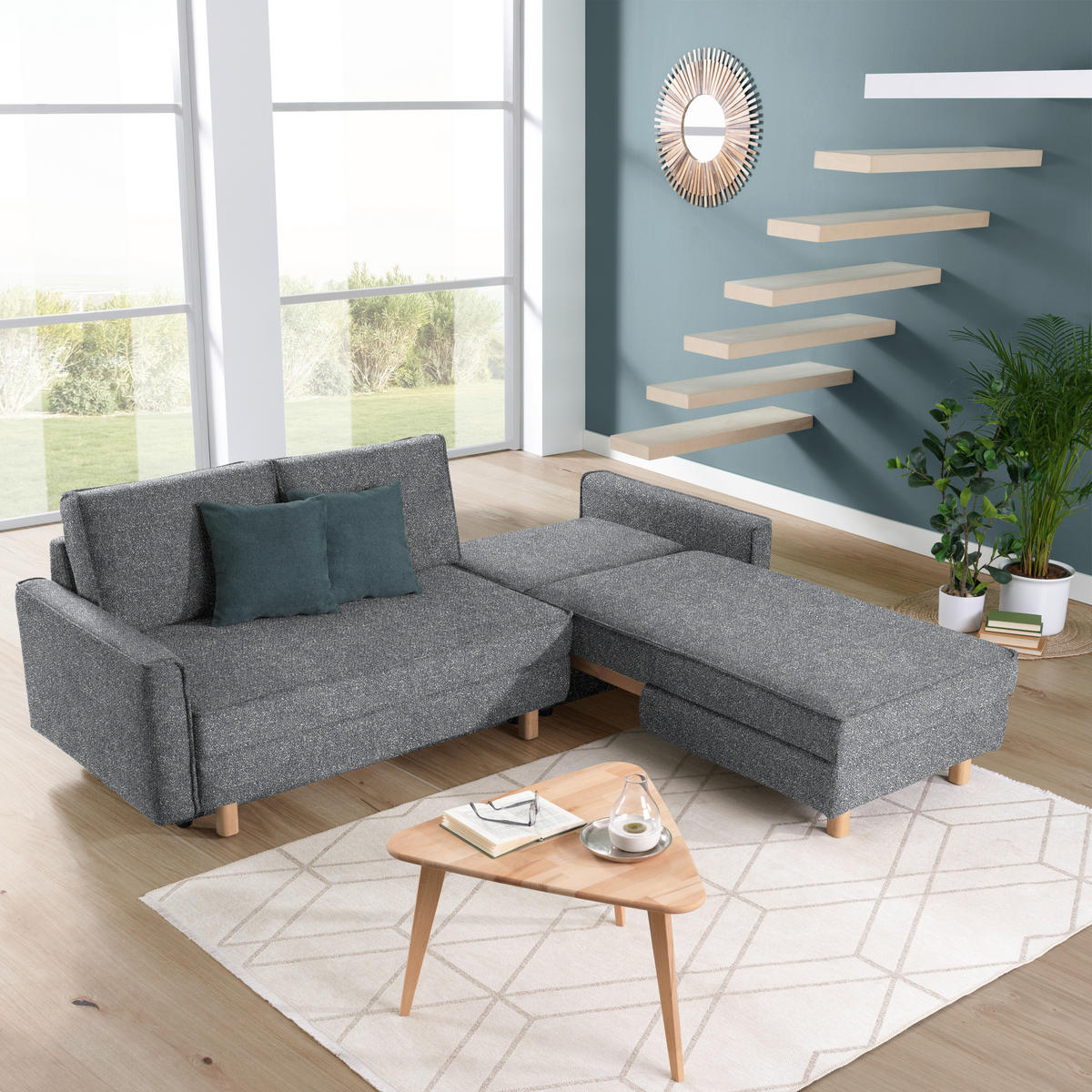 ECKSOFA  in Mikrovelours Grau  237/170 cm  - Eichefarben/Grau, KONVENTIONELL, Holz/Textil (237/170cm) - Sedda