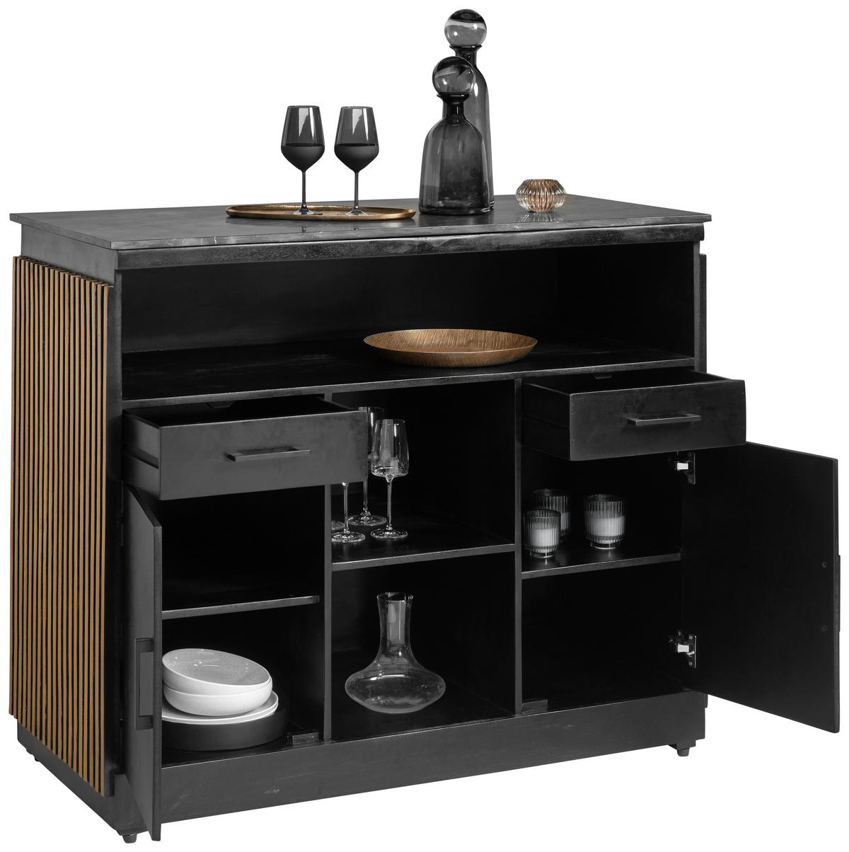 BARSCHRANK Mangoholz, Eukalyptusholz vollmassiv Schwarz, Goldfarben  - Goldfarben/Schwarz, Trend, Holz/Stein (130/109/60cm) - Ambia Home