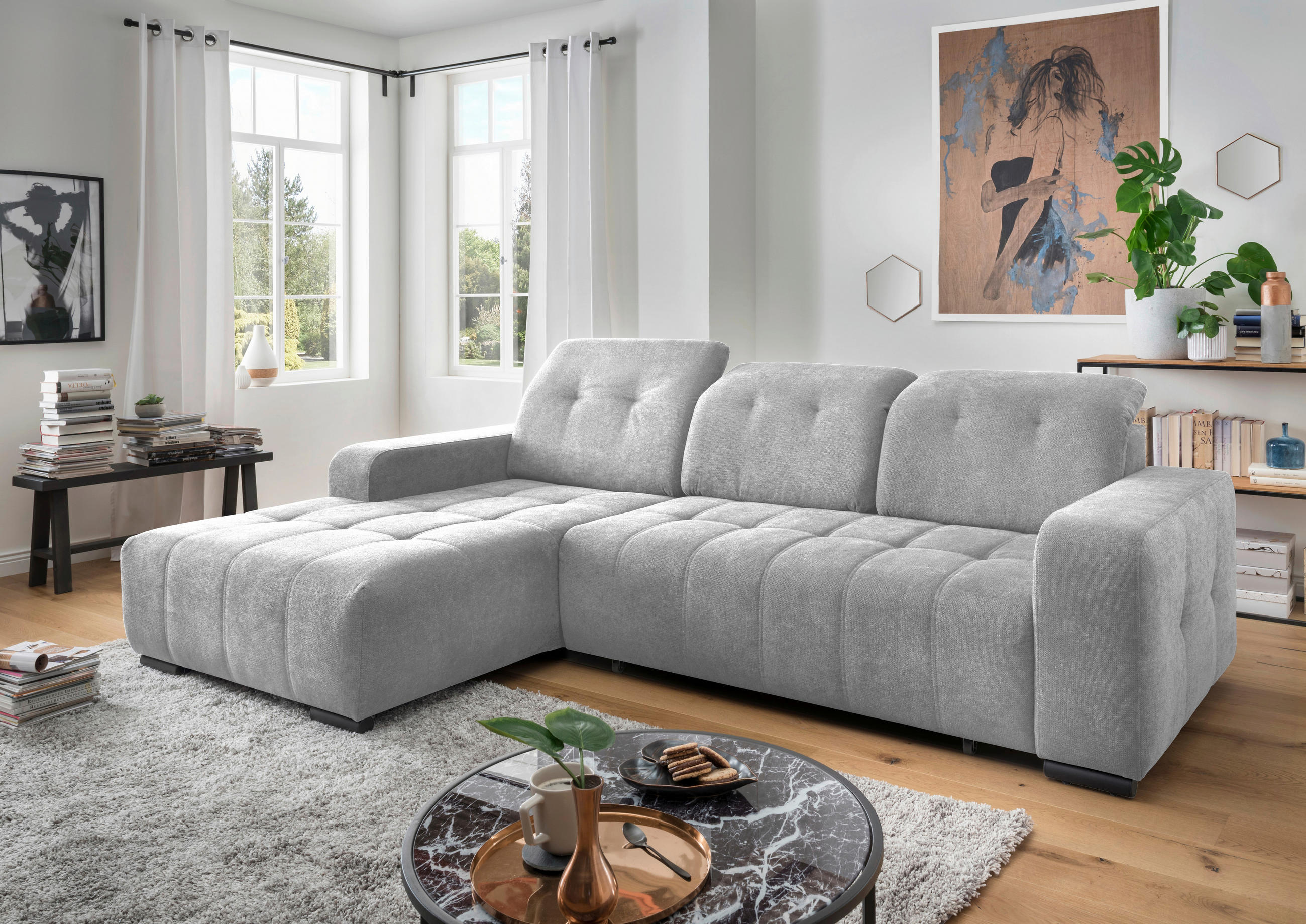 ECKSOFA in Chenille Grau  - Schwarz/Grau, Modern, Textil/Metall (292/185cm) - Livetastic