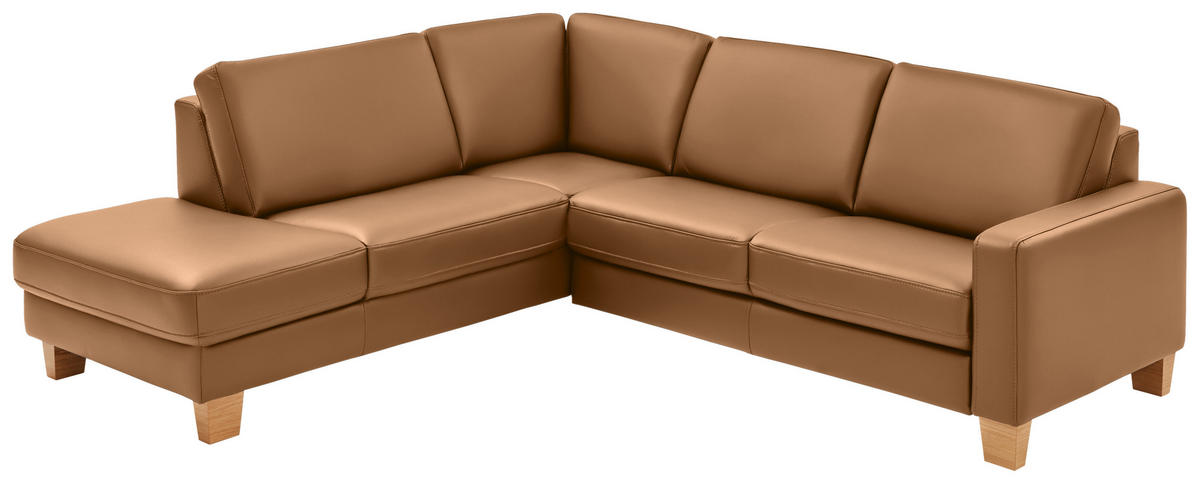 ECKSOFA in Echtleder Hellbraun  - Hellbraun/Eiche Bianco, Konventionell, Leder/Holz (235/257cm) - Valdera