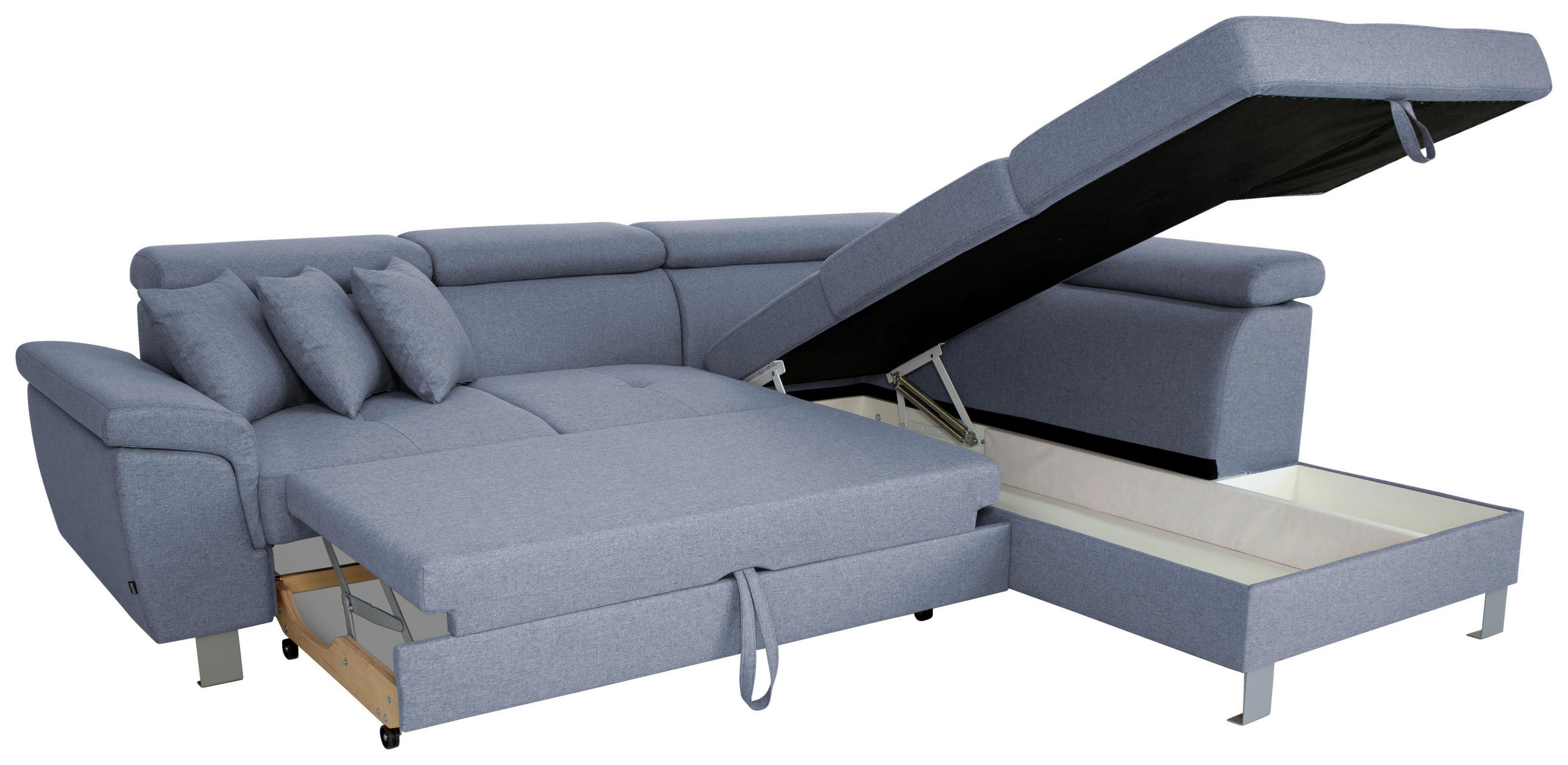 ECKSOFA inkl. Funktionen Blau Webstoff  - Blau/Silberfarben, Design, Textil/Metall (257/226cm) - Xora