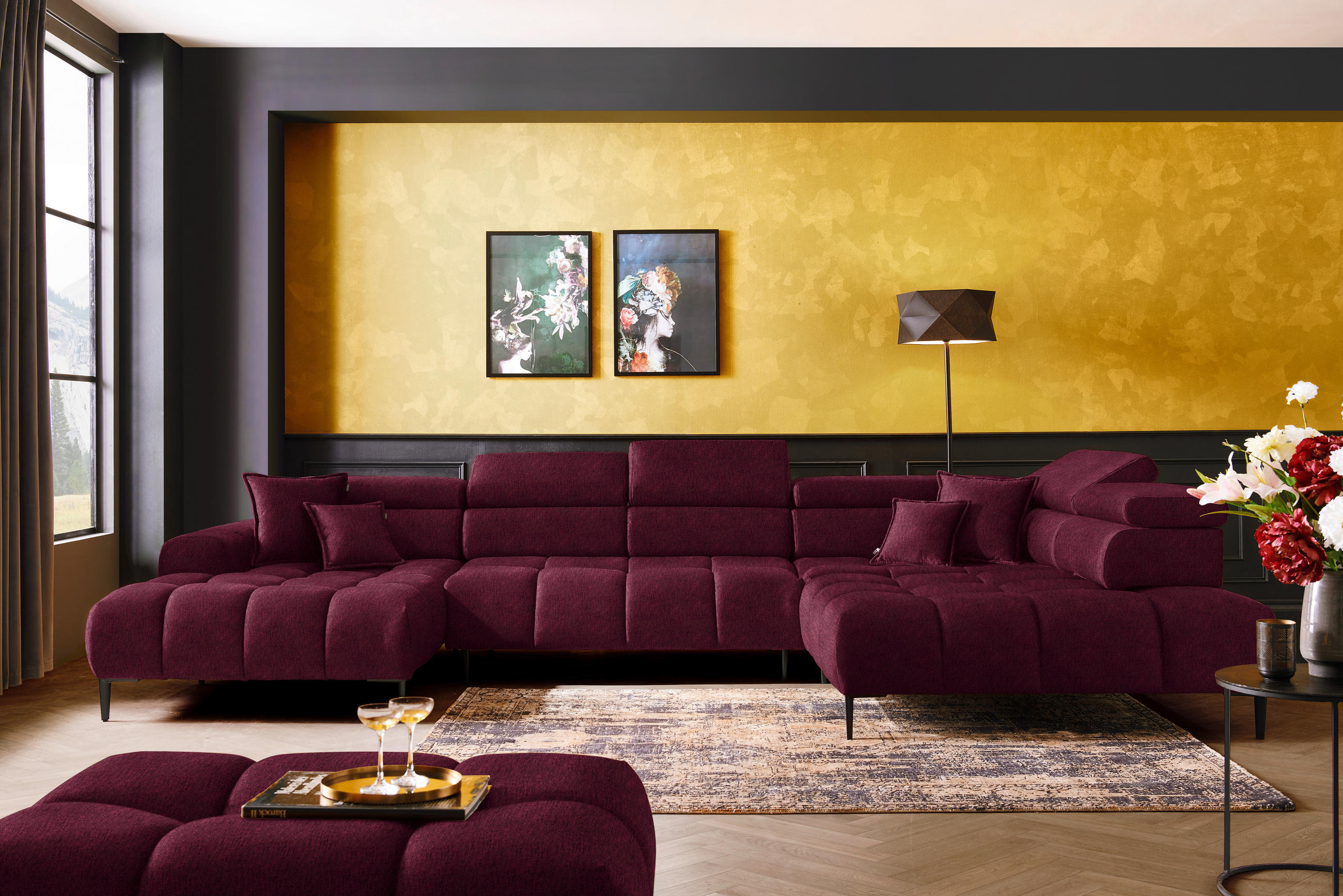 WOHNLANDSCHAFT in Samt, Webstoff Bordeaux  - Bordeaux/Schwarz, Design, Textil/Metall (177/385/216cm) - Welnova