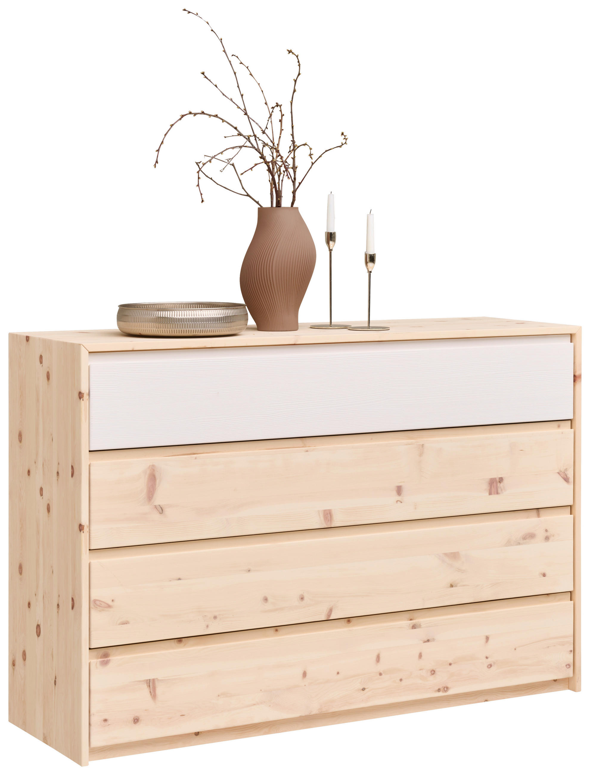 KOMMODE , 132/90/43 cm, 4 Schublade(n)  - Zirbelkieferfarben/Weiß, Natur, Holz (132/90/43cm) - Linea Natura