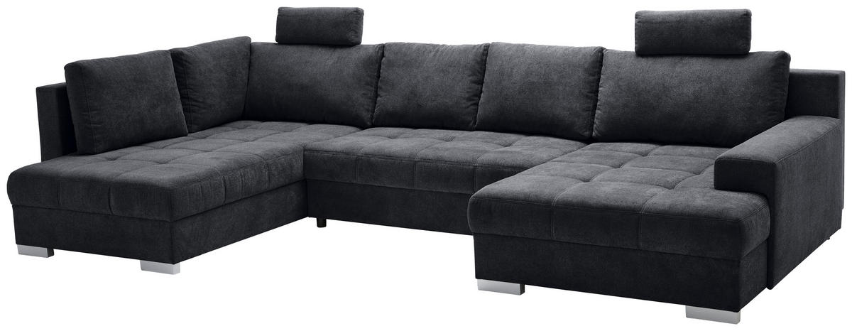 WOHNLANDSCHAFT Schwarz Velours  - Chromfarben/Schwarz, KONVENTIONELL, Kunststoff/Textil (198/363/170cm) - Hom`in