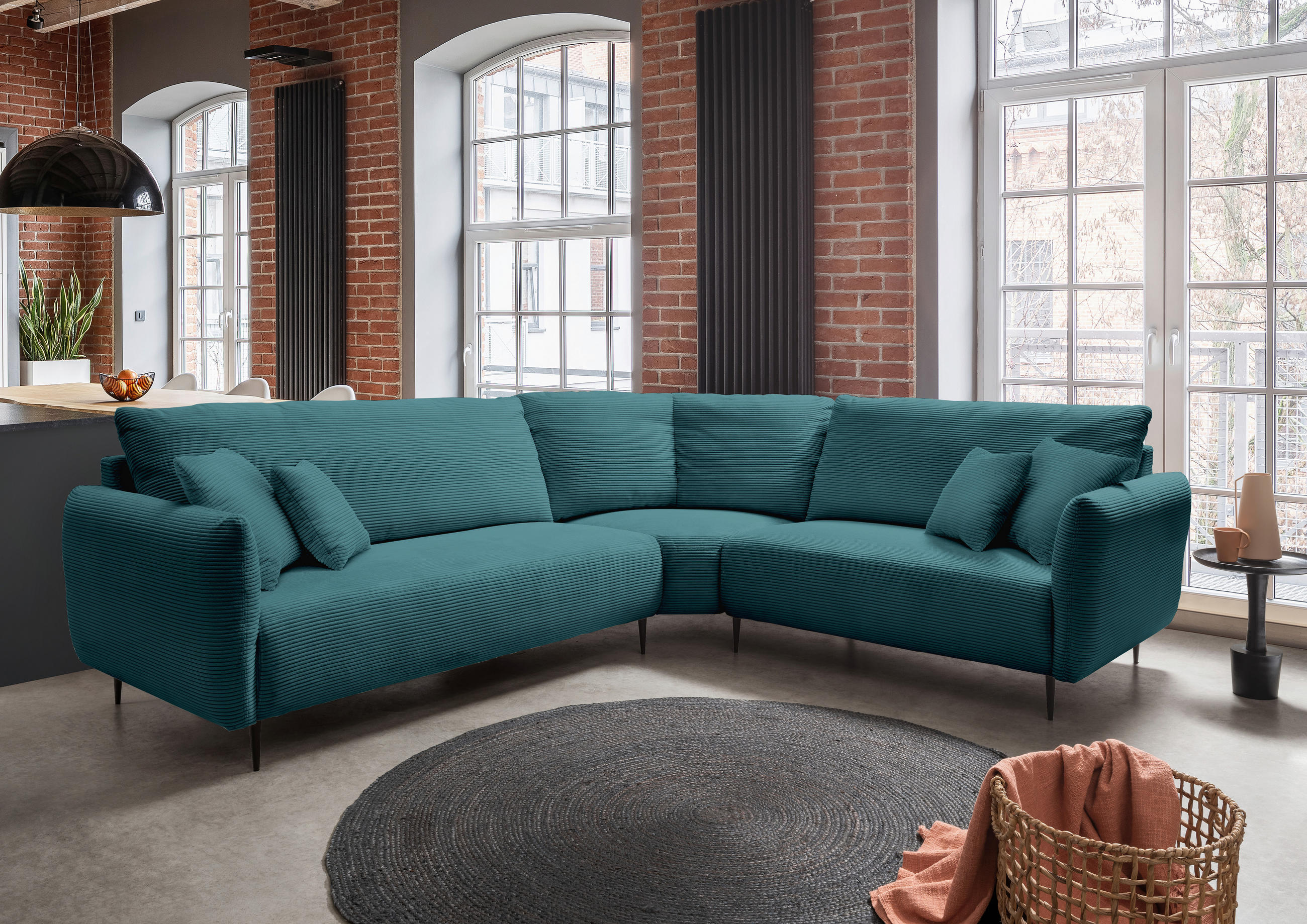 ECKSOFA in Cord Petrol  - Petrol/Schwarz, Design, Textil/Metall (294/256cm) - Livetastic