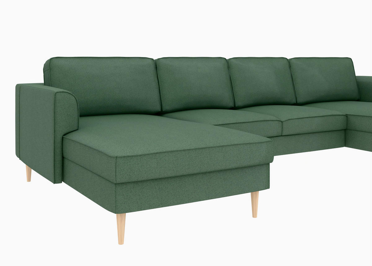 WOHNLANDSCHAFT Dunkelgrün Struktur  - Dunkelgrün/Buchefarben, MODERN, Holz/Textil (161/306/161cm) - Trendmanufaktur