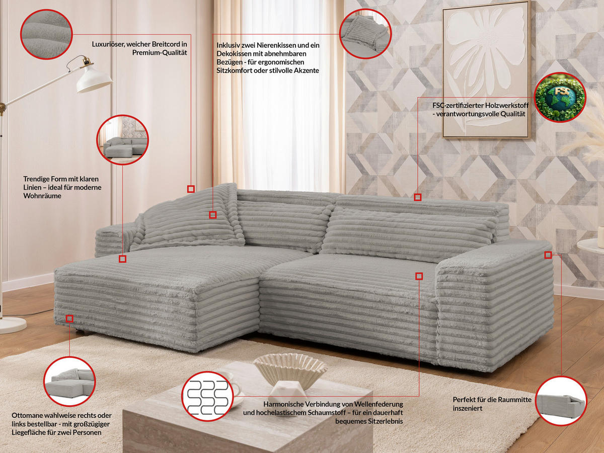 ECKSOFA Cord Grau  - Schwarz/Grau, Design, Kunststoff/Textil (251/142cm) - P & B