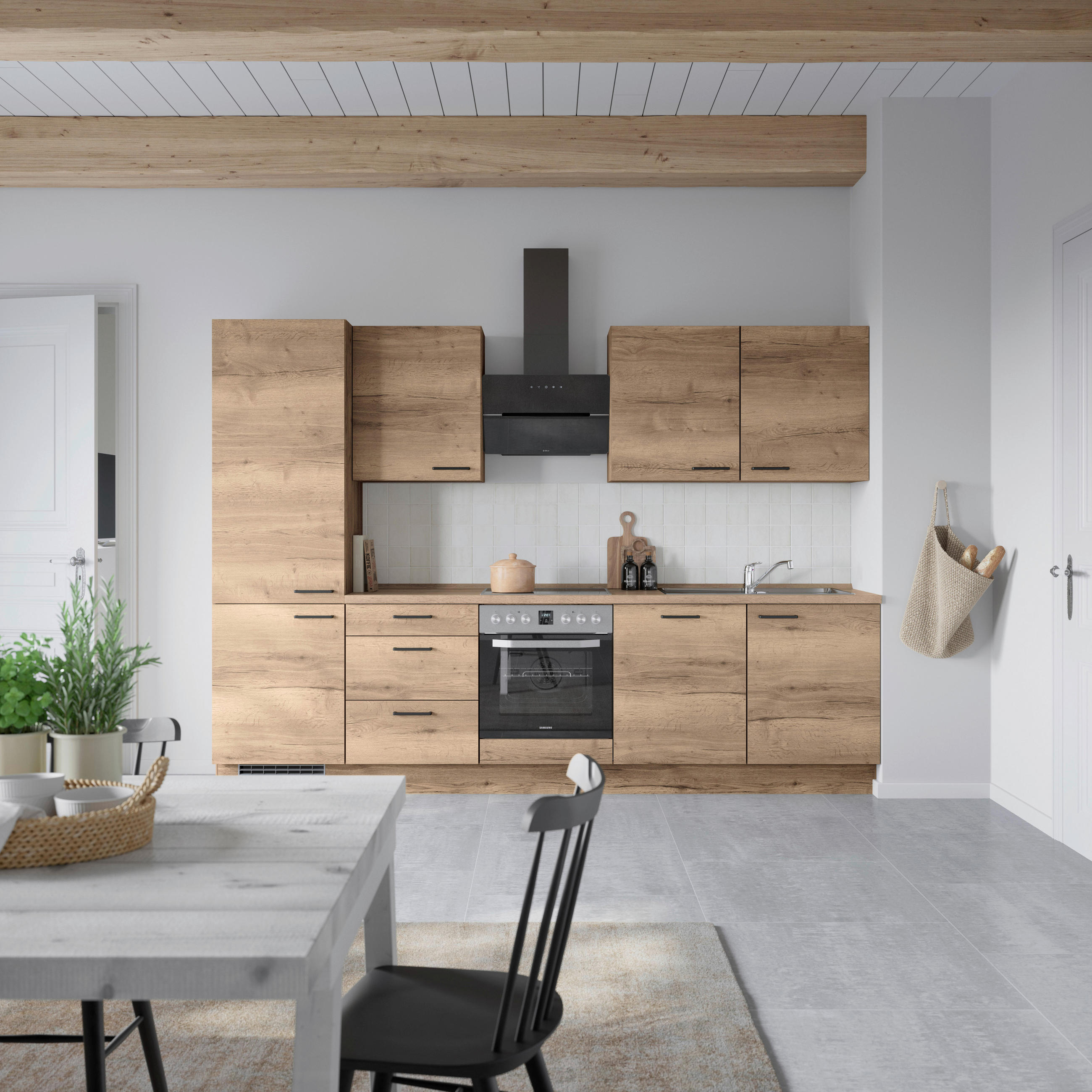 Bucătărie Fără Electrocasnice  - stejar închis la culoare/negru, Modern, metal/material pe bază de lemn (300cm) - Nobilia