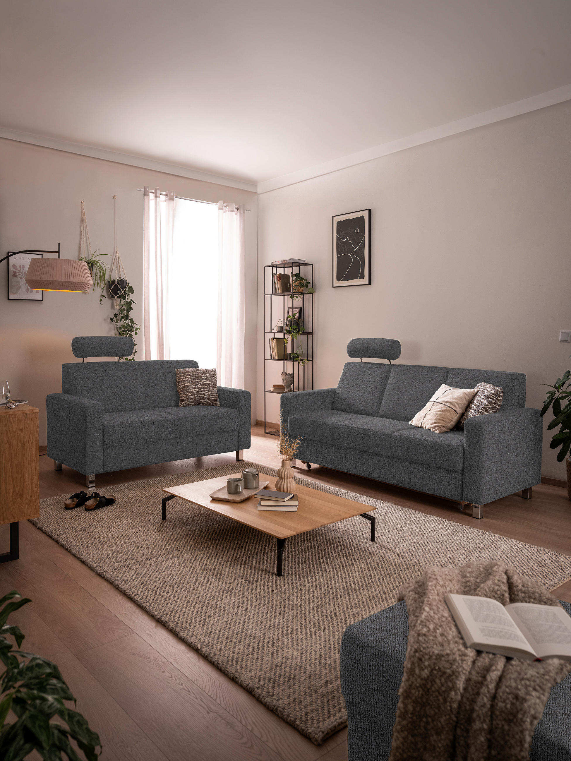 3-SITZER-SOFA in Flachgewebe Dunkelgrau  - Chromfarben/Dunkelgrau, Design, Textil/Metall (195/83/85cm) - Xora