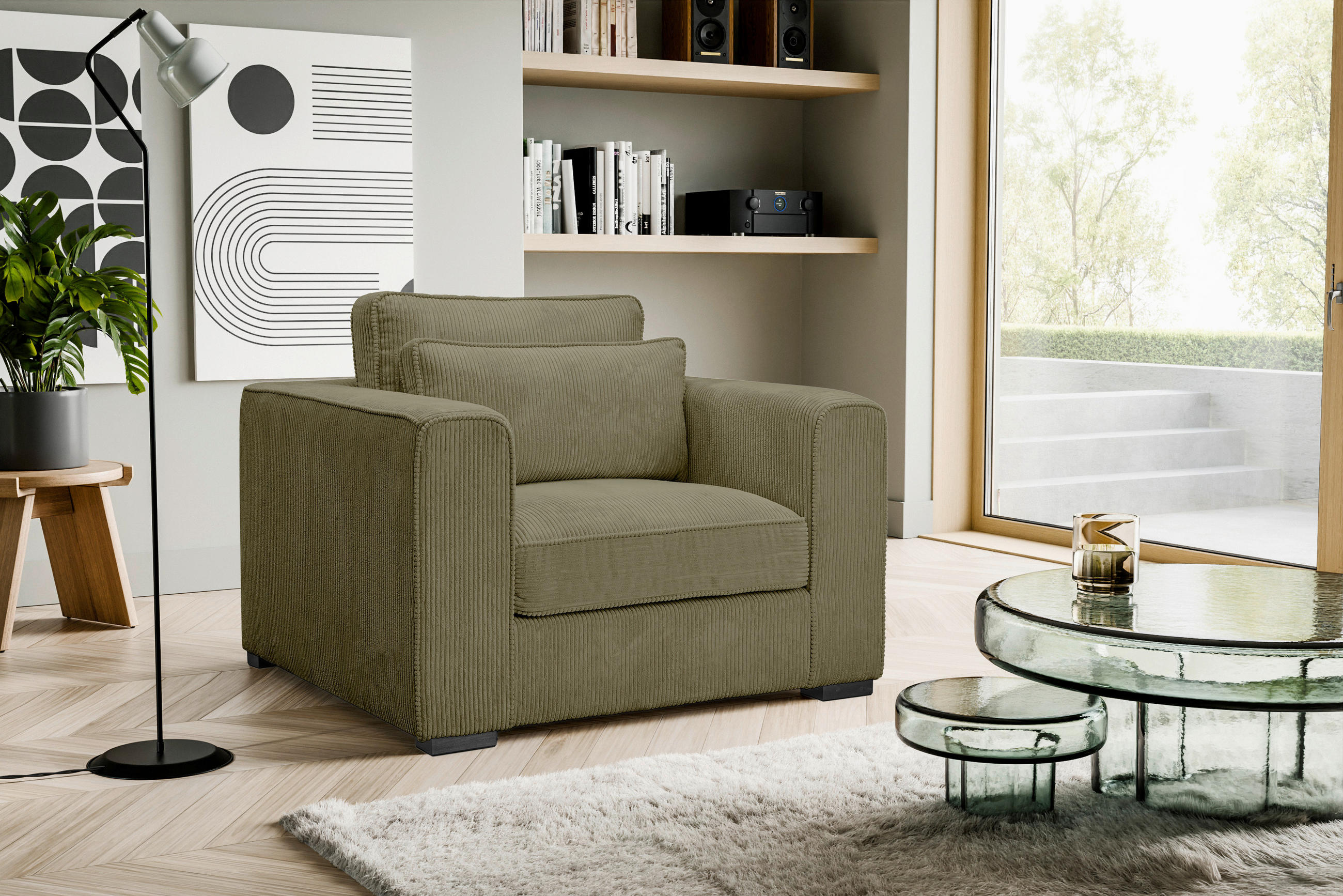 1,5-SITZER ALMERA Cord Khaki  - Khaki/Schwarz, Basics, Holz/Textil (120/92/112cm) - MID.YOU