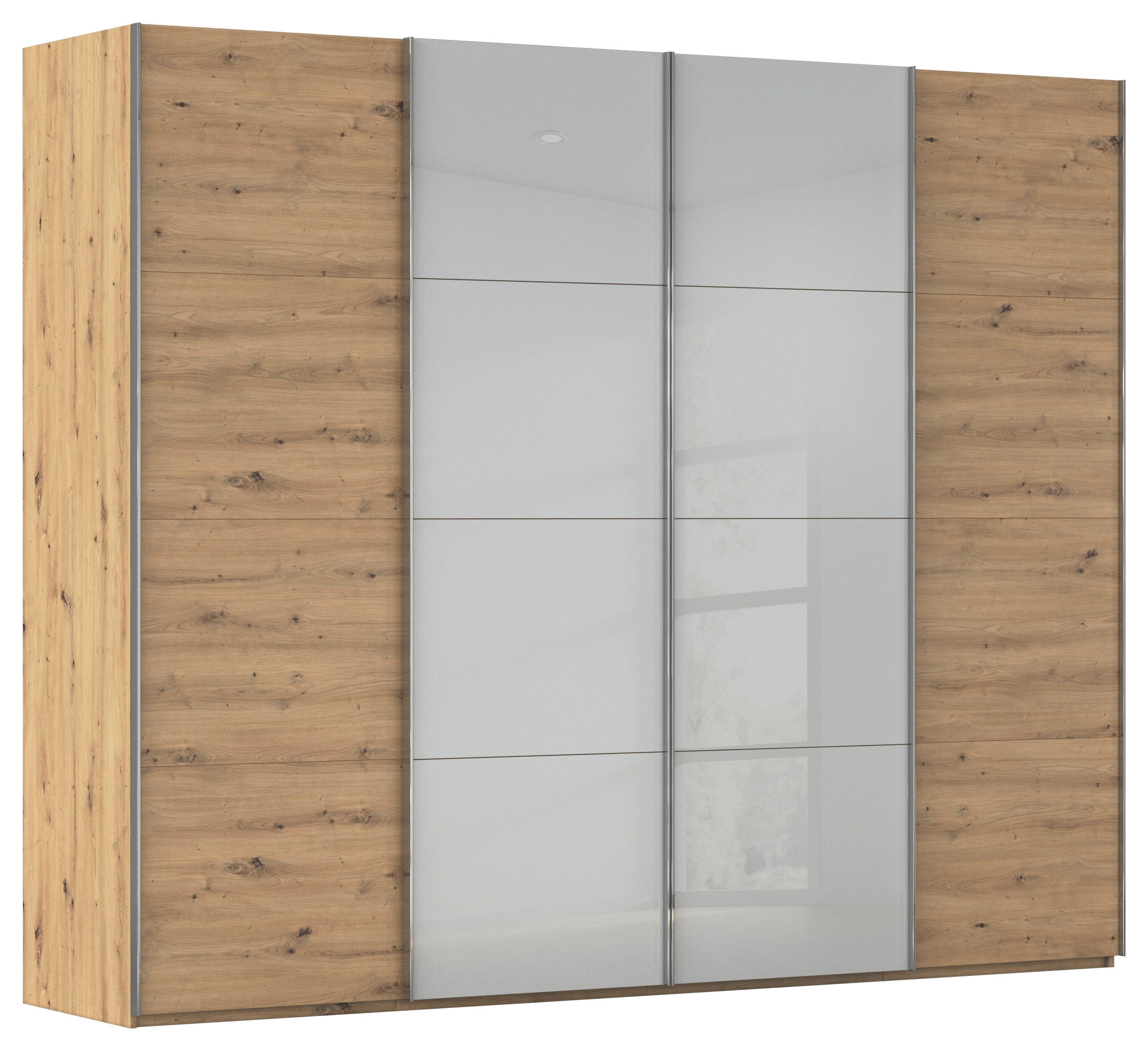 SCHWEBETÜRENSCHRANK 271/223/68 cm 4-türig Grau, Eiche Artisan  - Chromfarben/Eiche Artisan, KONVENTIONELL, Glas/Holzwerkstoff (271/223/68cm) - Novel
