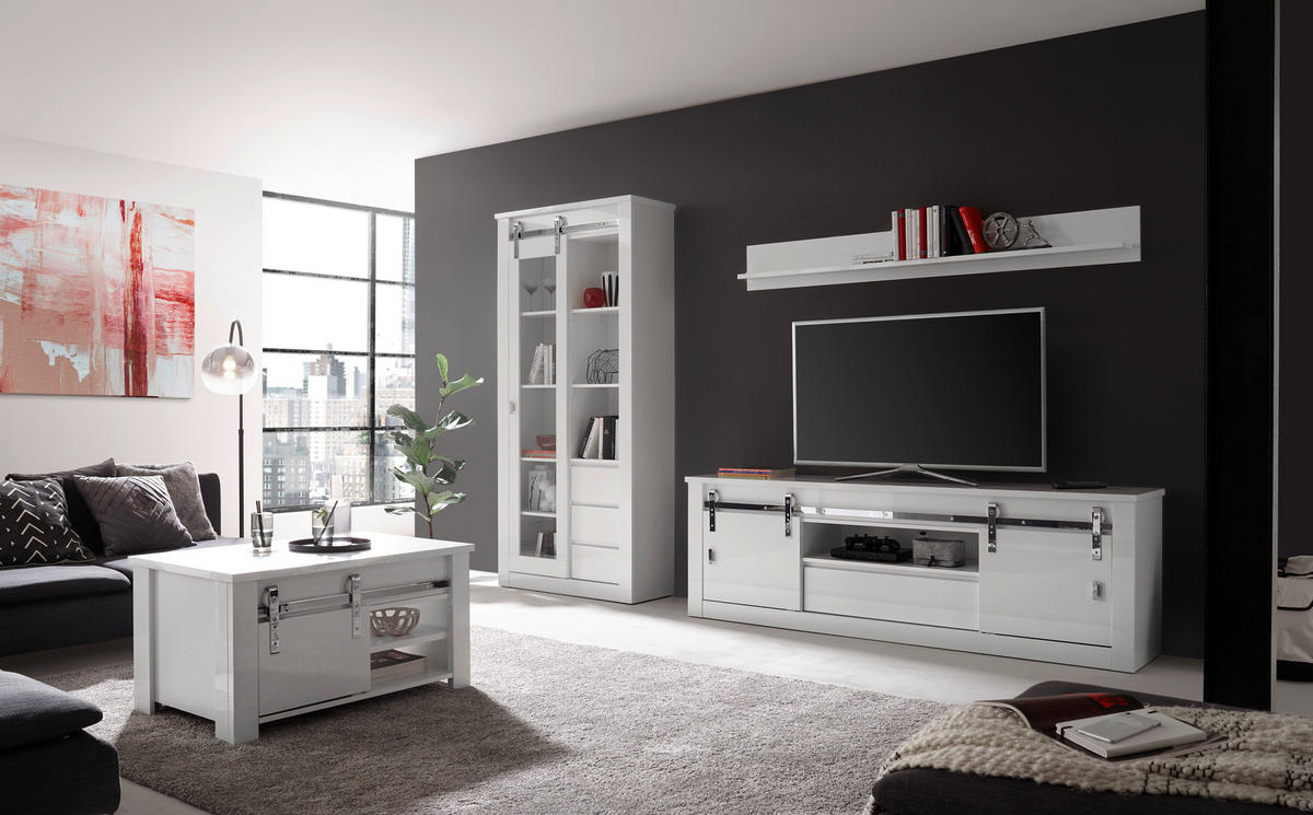 WOHNWAND 3-teilig  in Weiß, Weiß Hochglanz  309/200/43 cm  - Chromfarben/Weiß Hochglanz, Design, Holzwerkstoff/Metall (309/200/43cm) - Livetastic