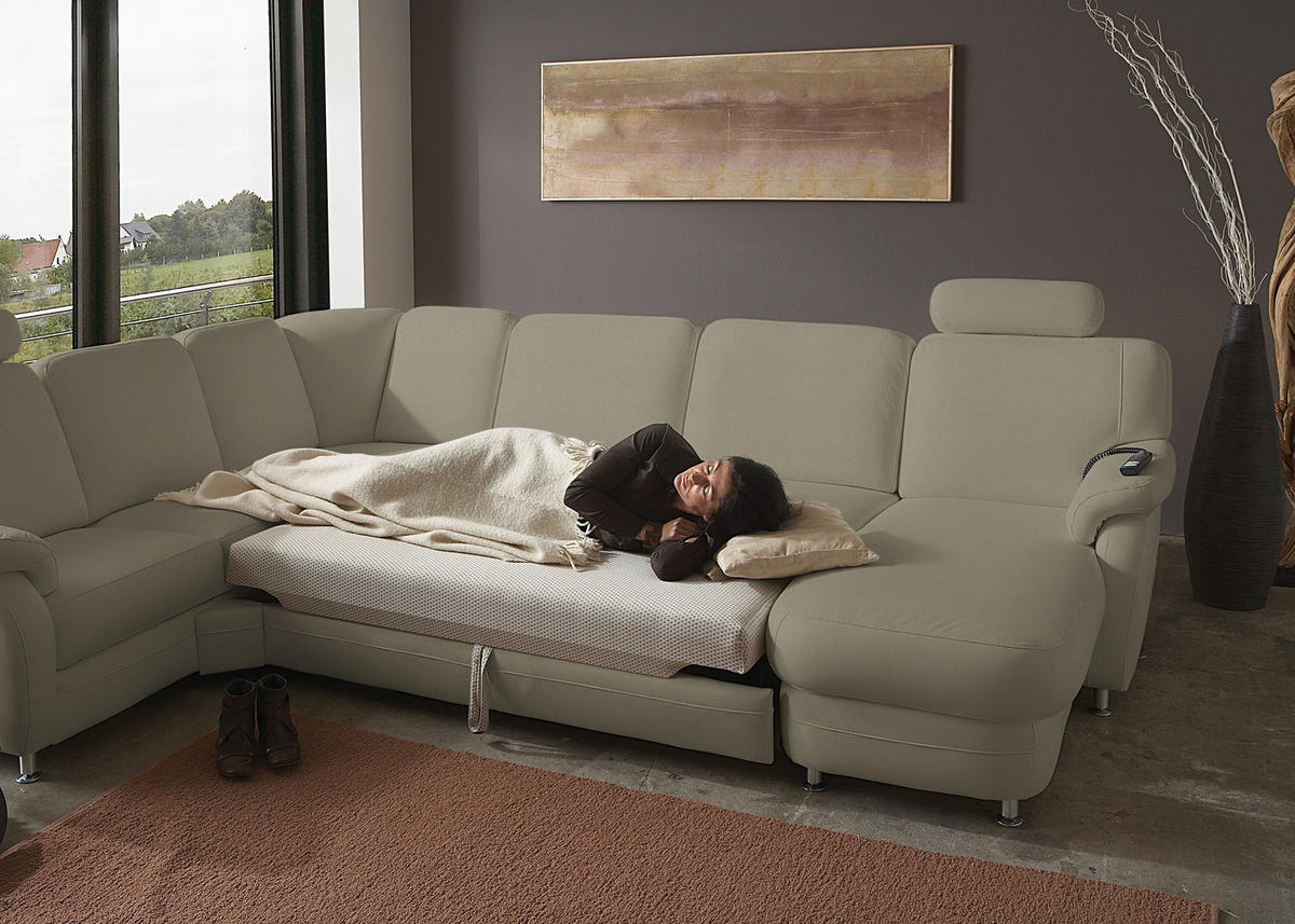 WOHNLANDSCHAFT Echtleder Ecru  - Ecru/Alufarben, Konventionell, Leder/Metall (239/329/165cm) - Beldomo Premium