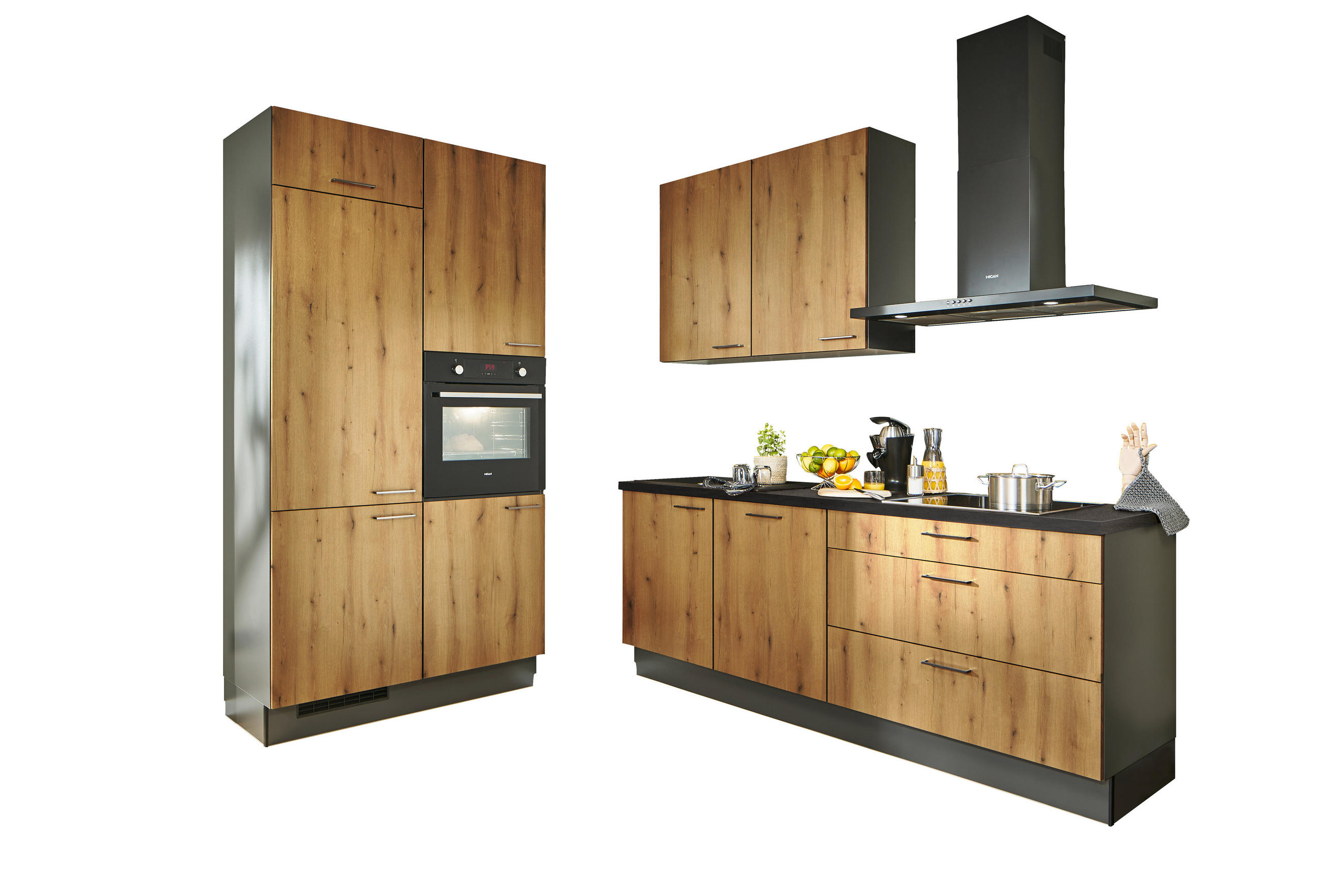ECKKÜCHE 120/220 cm  in Graphitfarben, Schwarz, Eichefarben  - Chromfarben/Eichefarben, Design, Holzwerkstoff/Metall (120/220cm) - Xora