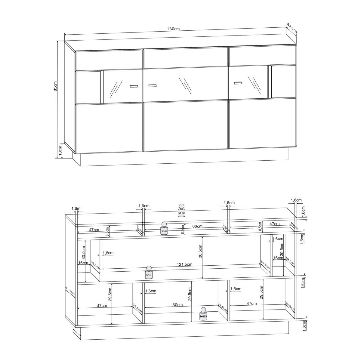 SIDEBOARD  in 160/85/43 cm  - Silberfarben/Weiß, KONVENTIONELL, Glas/Holzwerkstoff (160/85/43cm) - Livetastic