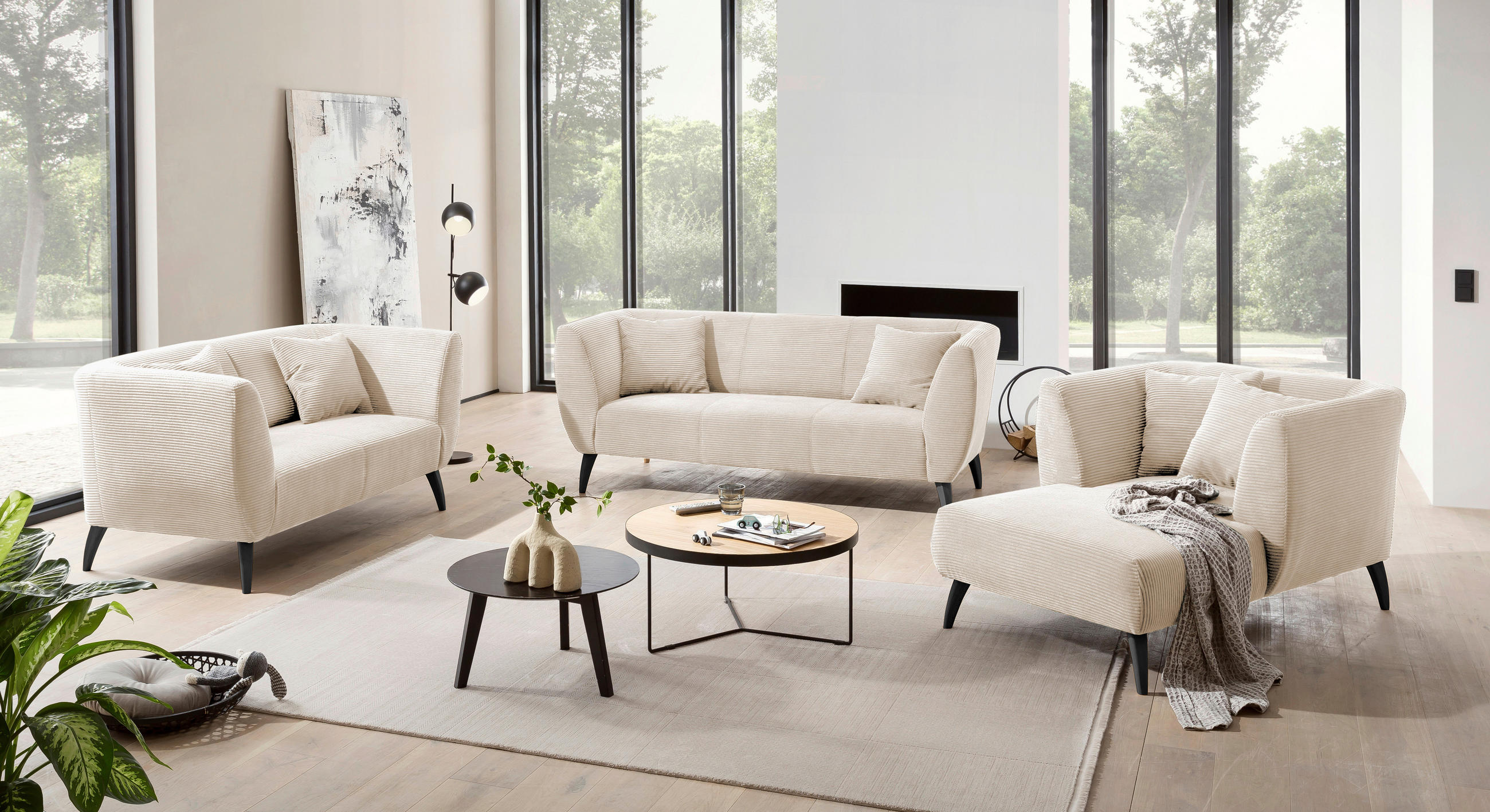 3-SITZER-SOFA Cord Beige  - Beige/Schwarz, MODERN, Holz/Textil (208/83/88cm) - MID.YOU
