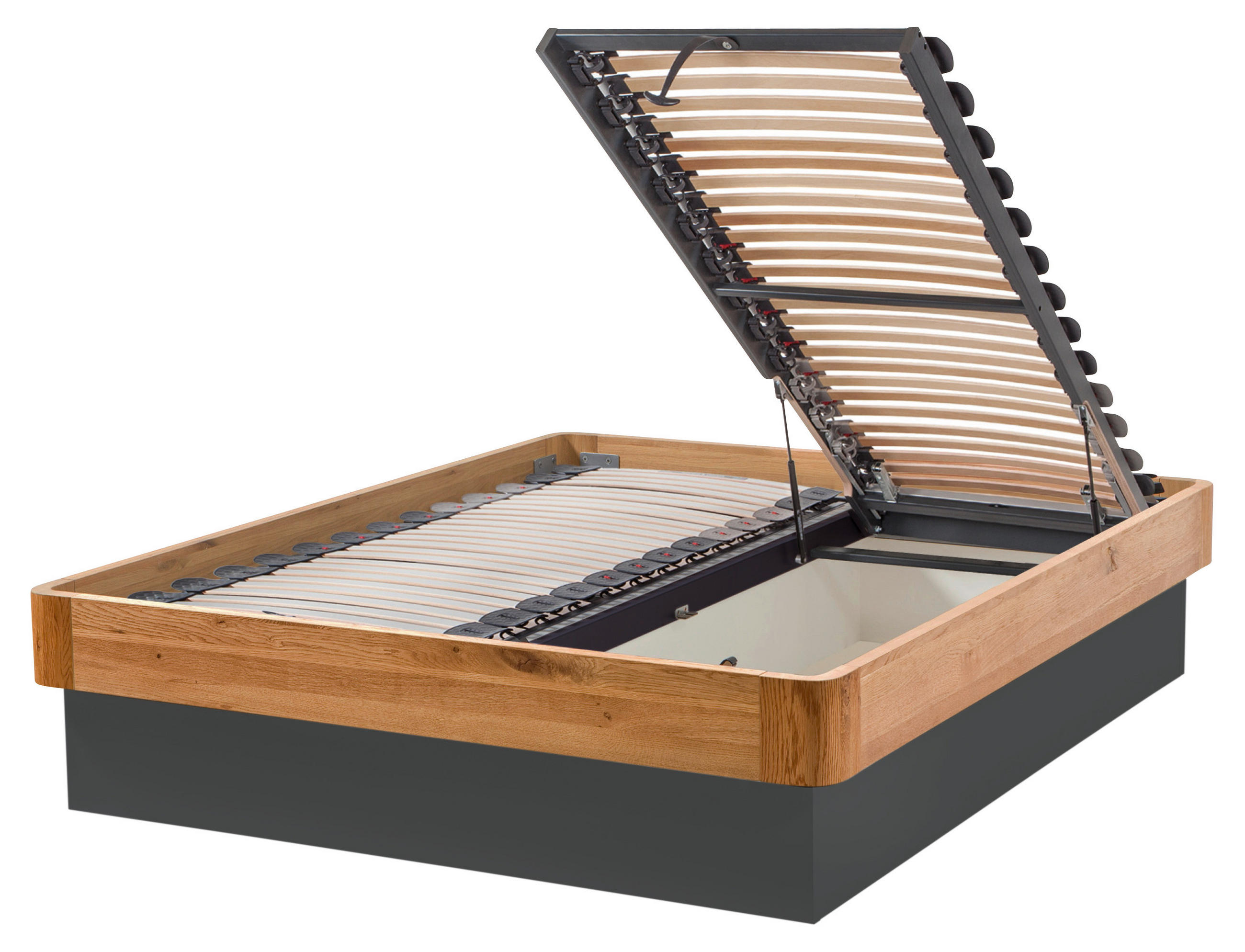 Thumbnail - Hasena Stauraumbett, Anthrazit, Eiche, Holz, Textil, Eiche, 160x200 cm, gepolstertes Kopfteil, in verschiedenen Holzarte...