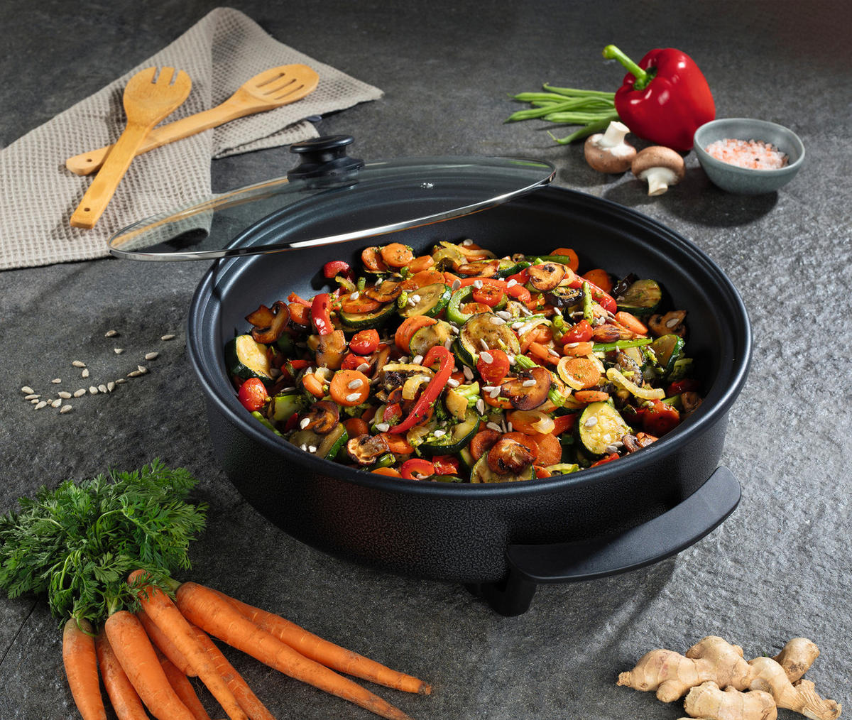 ELEKTRISCHE PFANNE GOURMETmaxx  - Schwarz, Basics, Glas/Kunststoff (41/45/17,5cm) - GOURMETMAXX