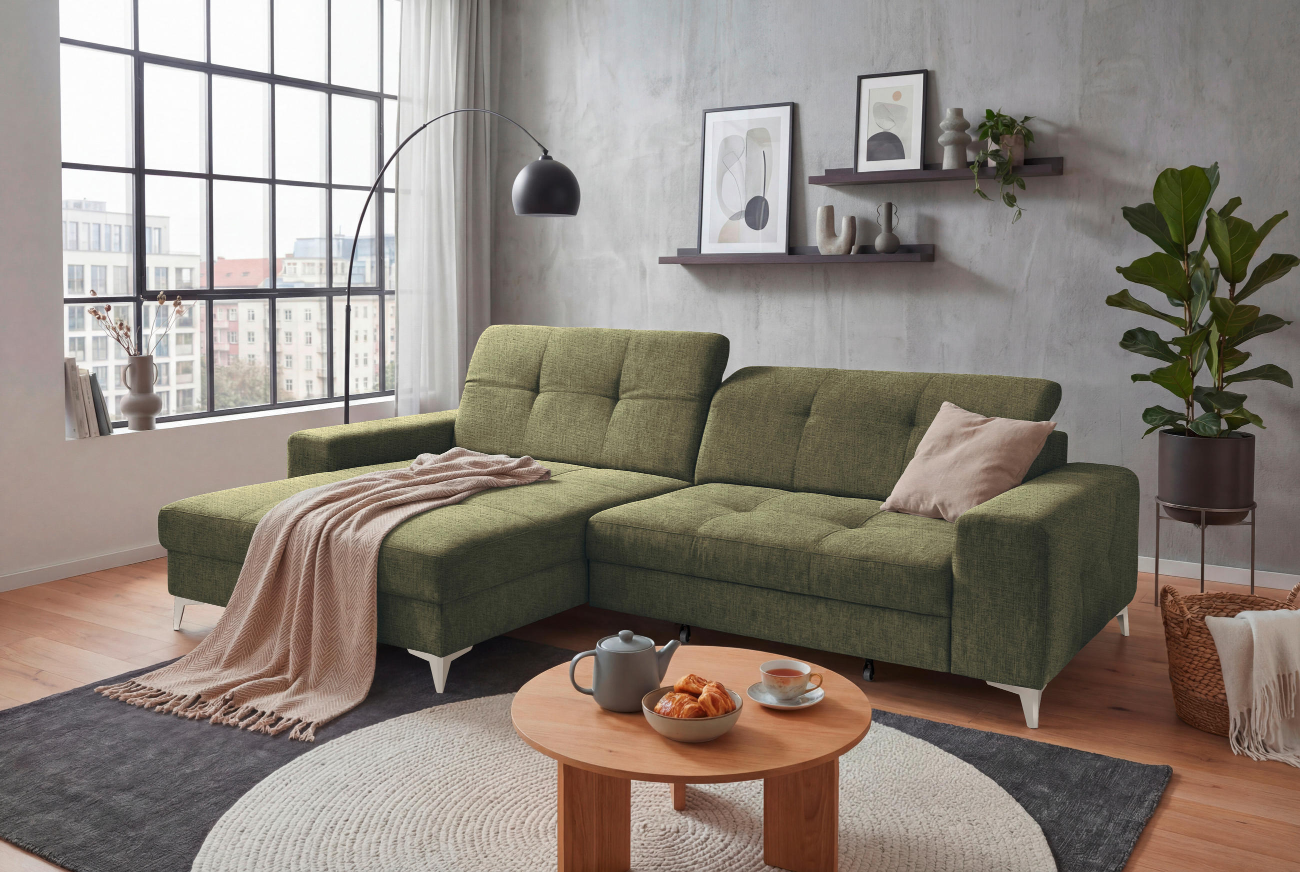 ECKSOFA SORELLA in Chenille Dunkelgrün Kopfteilverstellung, Sitztiefenverstellung  182/328 cm  - Kaschmir/Dunkelgrün, Design, Kunststoff/Textil (182/328cm) - MID.YOU