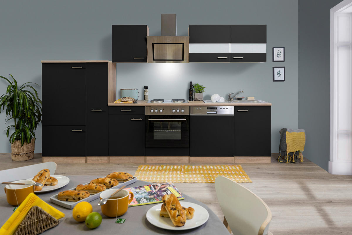 KÜCHENBLOCK 310 cm   in Schwarz  - Edelstahlfarben/Eichefarben, Basics, Holzwerkstoff/Metall (310cm) - Respekta