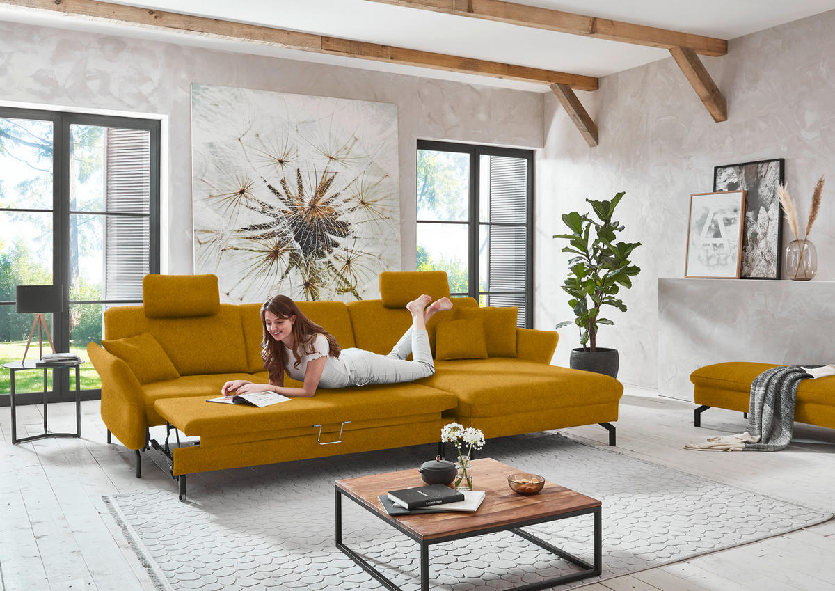 ECKSOFA in Velours Currygelb  - Currygelb/Schwarz, Design, Textil/Metall (306/179cm) - Beldomo System