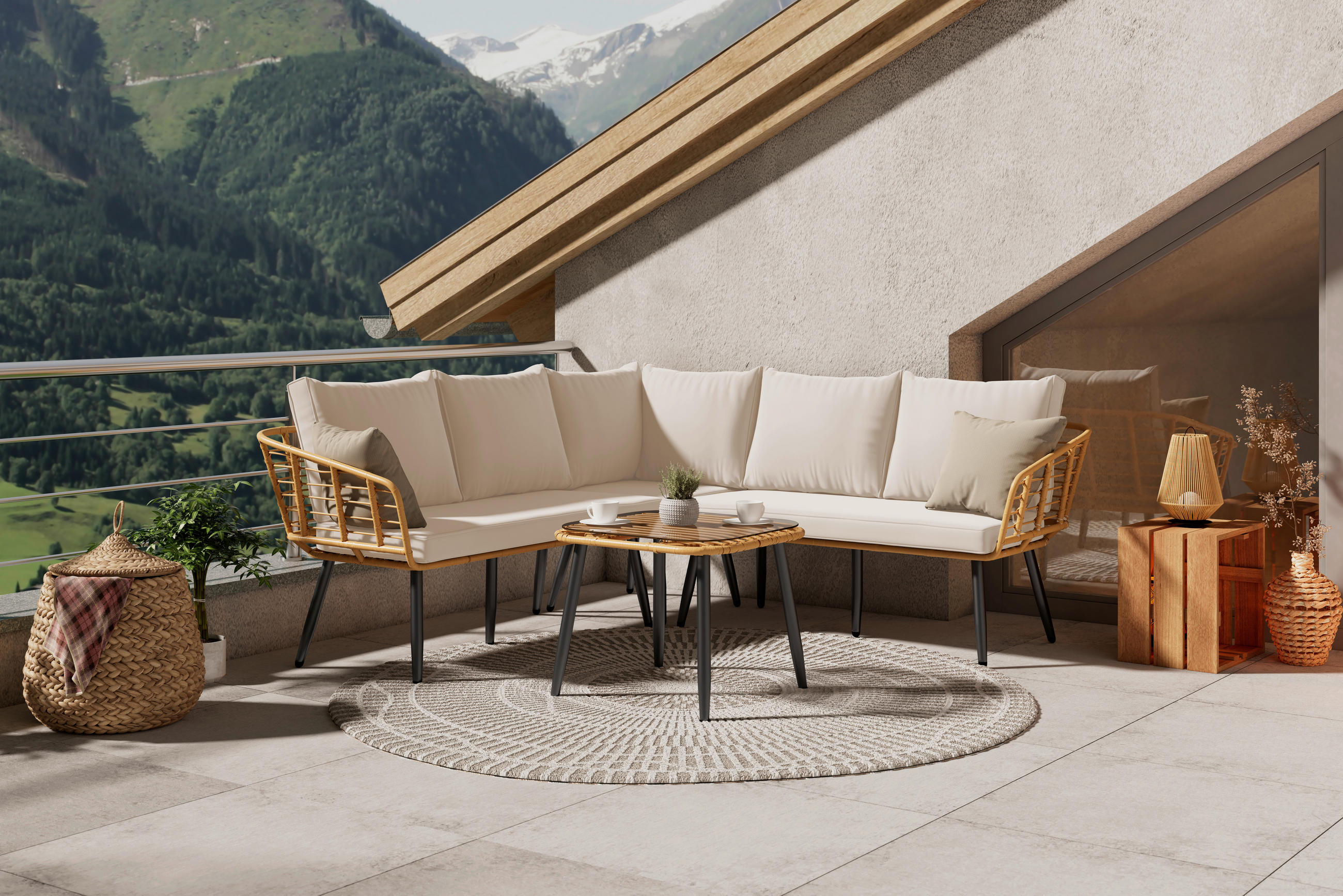 LOUNGEGARNITUR 4-teilig   187/67/187 cm Eisen  - Beige/Naturfarben, MODERN, Glas/Kunststoff (187/67/187cm) - Ambia Garden