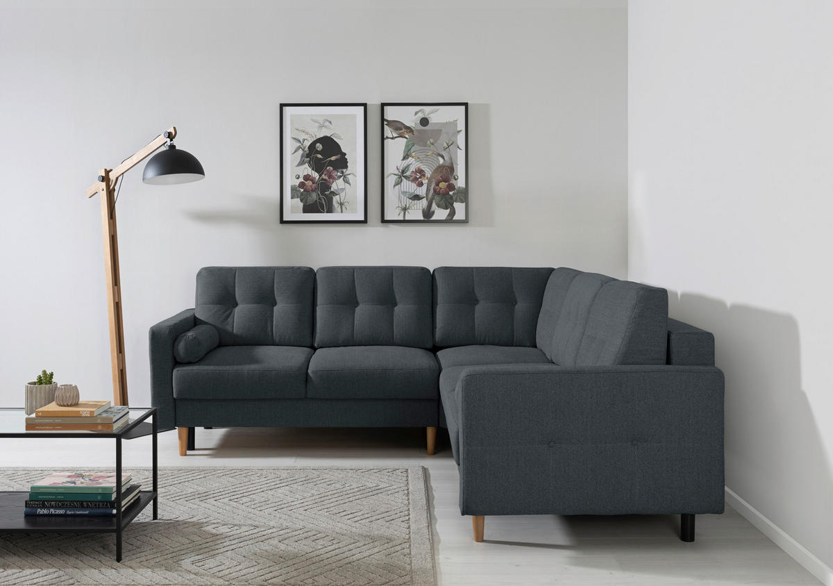 ECKSOFA in Dunkelblau  - Beige/Buchefarben, Design, Holz/Textil (242/242cm) - MID.YOU