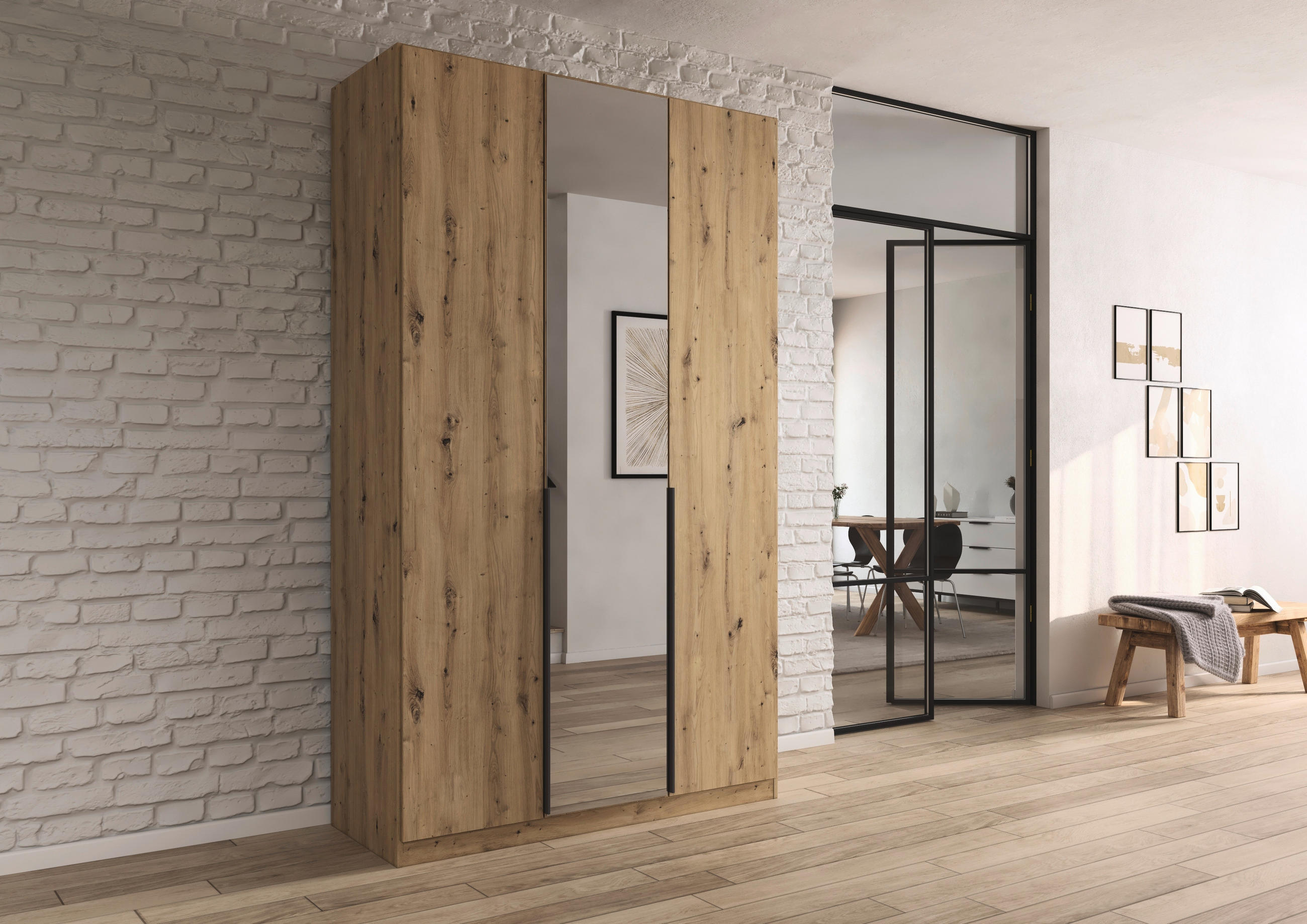 DREHTÜRENSCHRANK in Eiche Artisan - Eiche Artisan/Grau, Modern, Holzwerkstoff/Metall (136/229/54cm) - Rauch Möbel