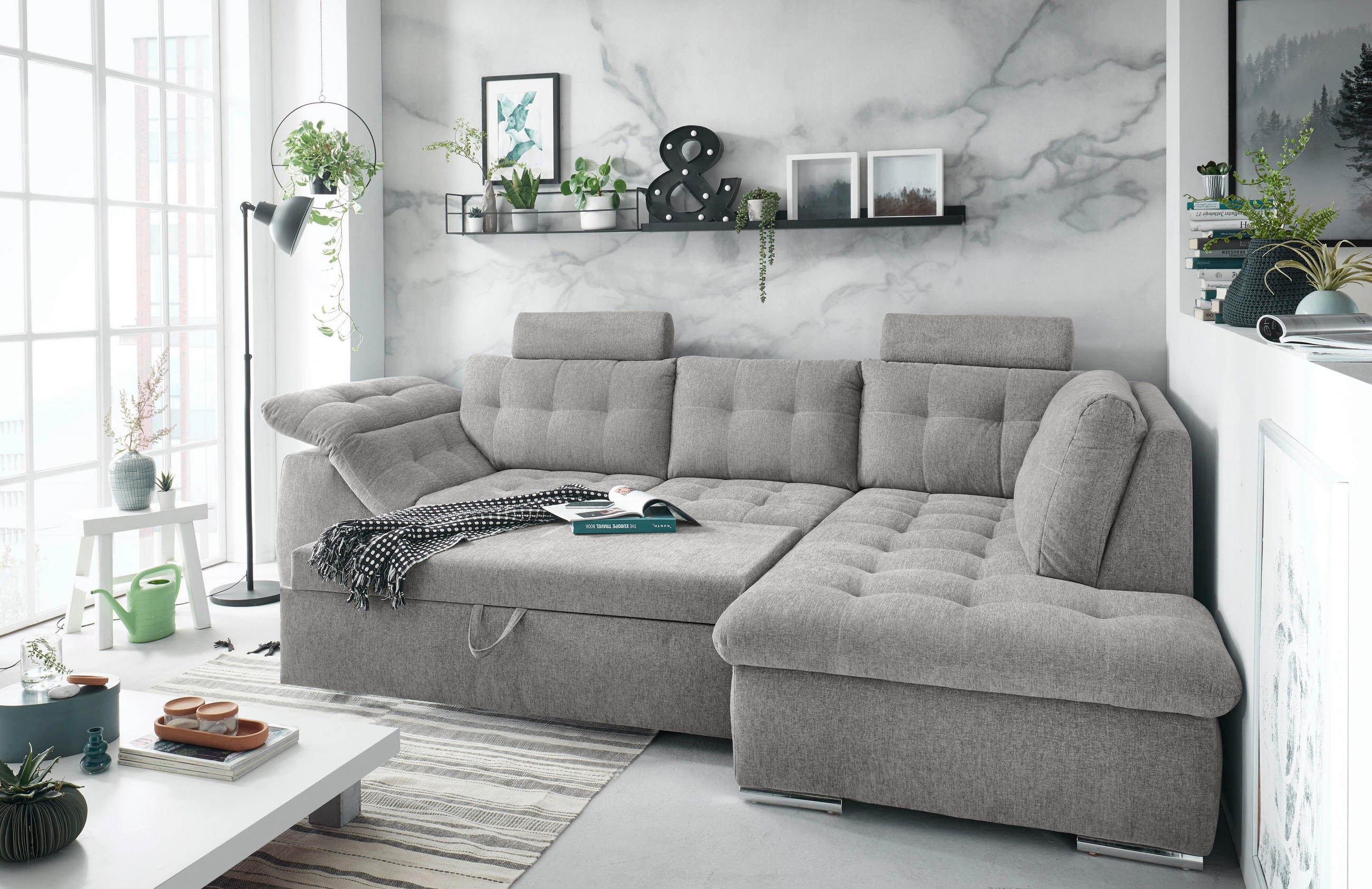 ECKSOFA in Mikrovelours Grau  - Grau, KONVENTIONELL, Holzwerkstoff/Kunststoff (283/193cm) - MID.YOU