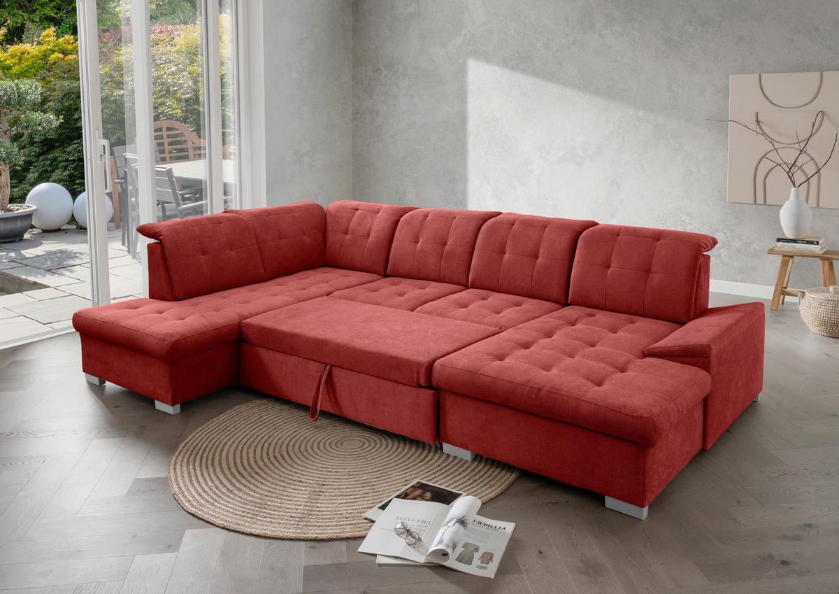 WOHNLANDSCHAFT in Chenille Rot  - Chromfarben/Rot, MODERN, Kunststoff/Textil (212/330/169cm) - Livetastic