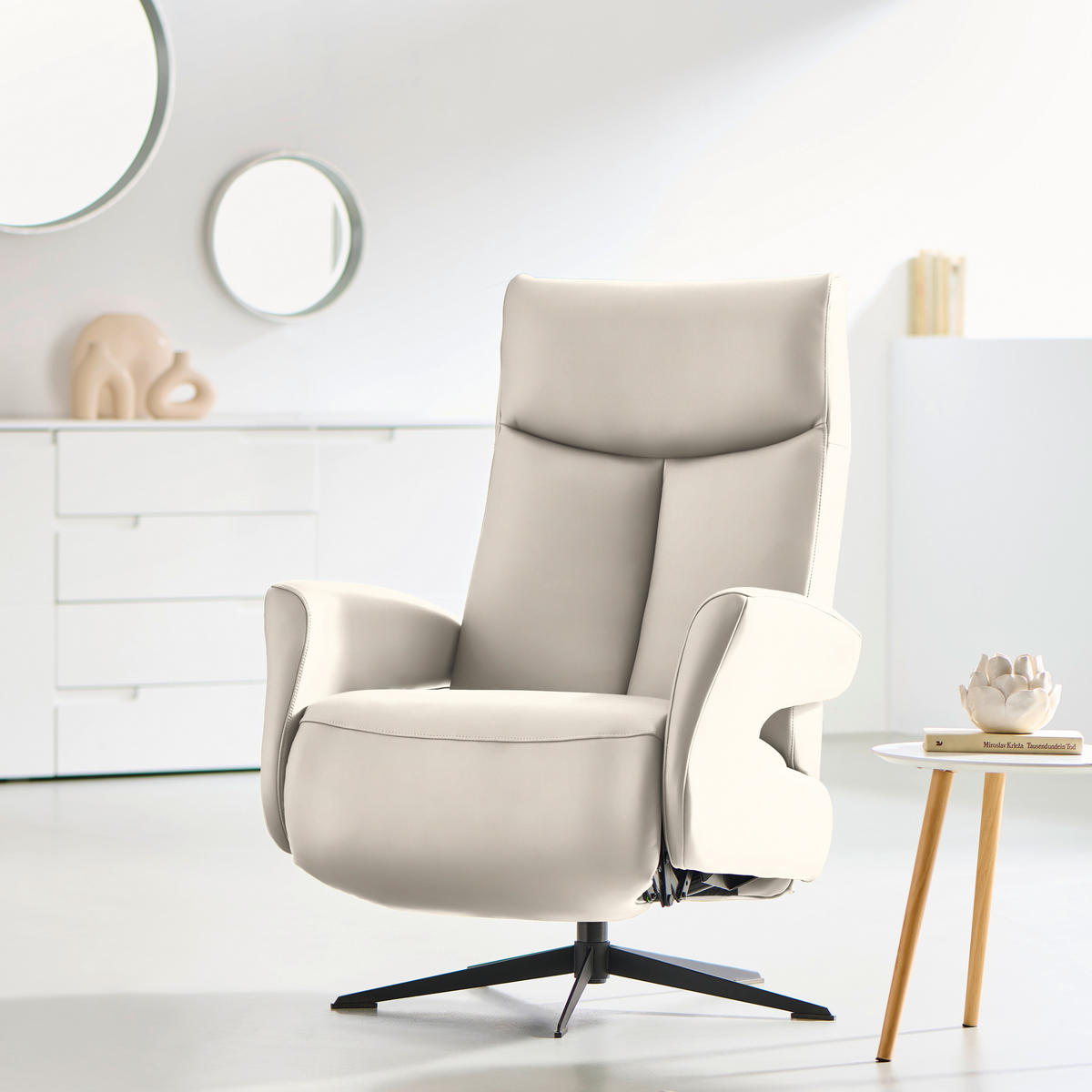 RELAXSESSEL in Leder Creme  - Creme/Schwarz, Design, Leder/Metall (74/105/82cm) - Welnova