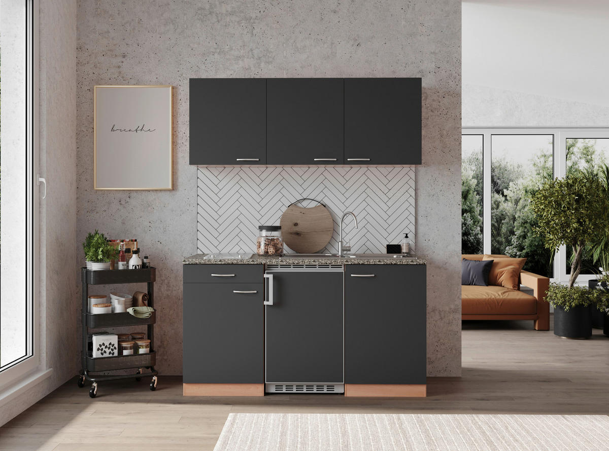 MINIKÖK 150 cm   i grå, bokfärgad  - bokfärgad/aluminiumfärg, Klassisk, trämaterial/plast (150cm) - Respekta