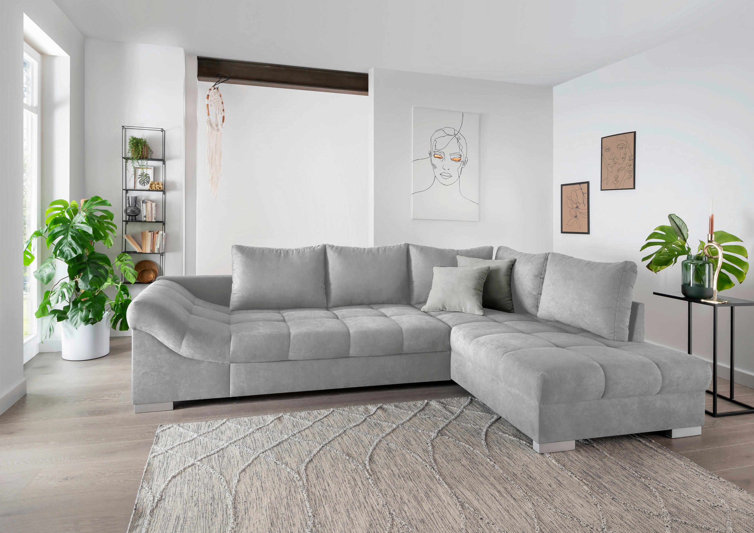 ECKSCHLAFSOFA Hellgrau Mikrofaser  - Silberfarben/Hellgrau, Design, Holz/Textil (298/202cm) - MID.YOU