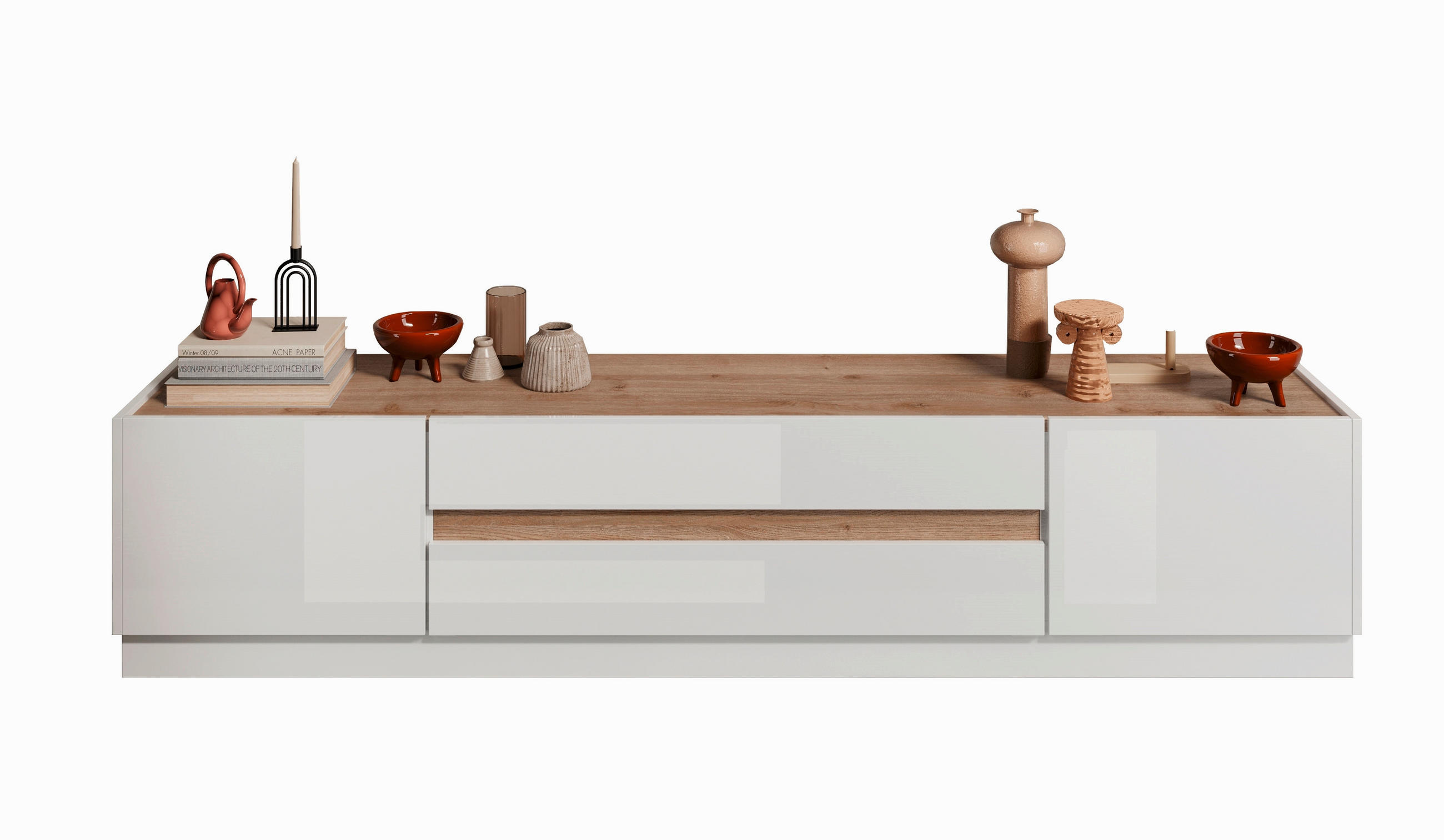 Carryhome NÍZKA KOMODA, farba duba, biela s vysokým leskom, 205/44/40 cm