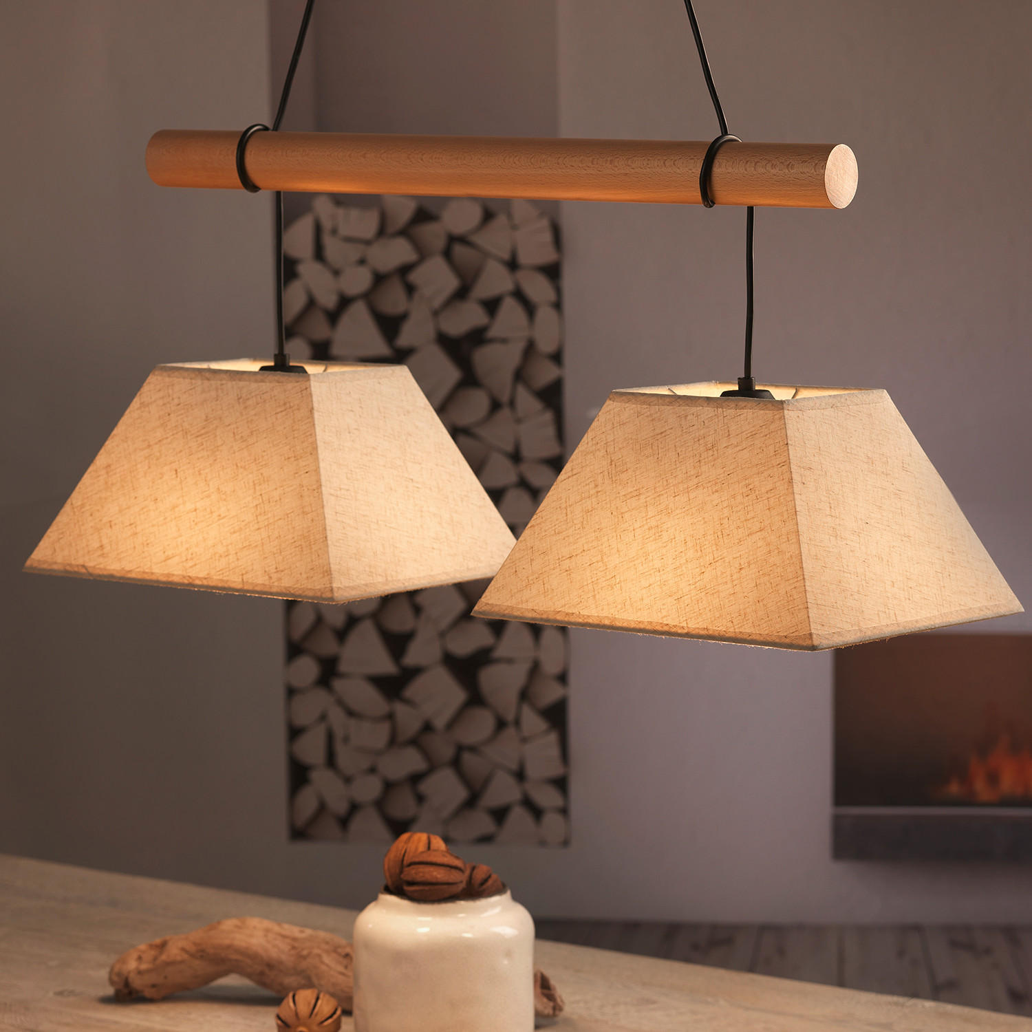HÄNGELEUCHTE 60/24/90 cm  - Hellbraun/Schwarz, Natur, Holz/Textil (60/24/90cm)