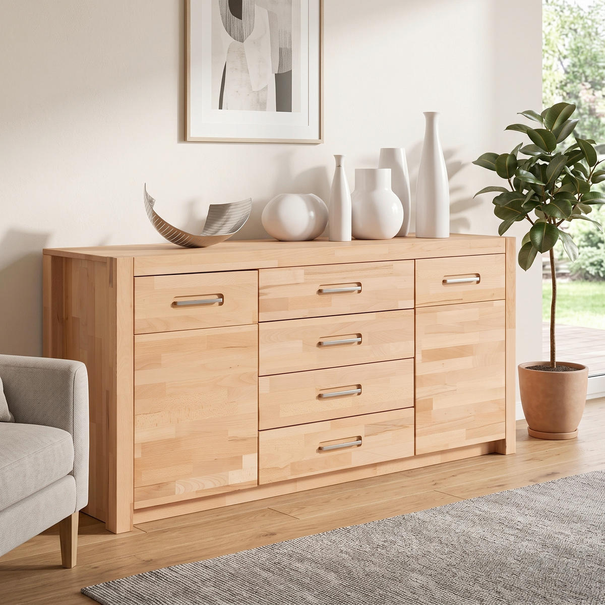 SIDEBOARD  163/78/40 cm 4 Schublade(n)  - Buchefarben/Alufarben, Design, Holz/Metall (163/78/40cm) - MID.YOU