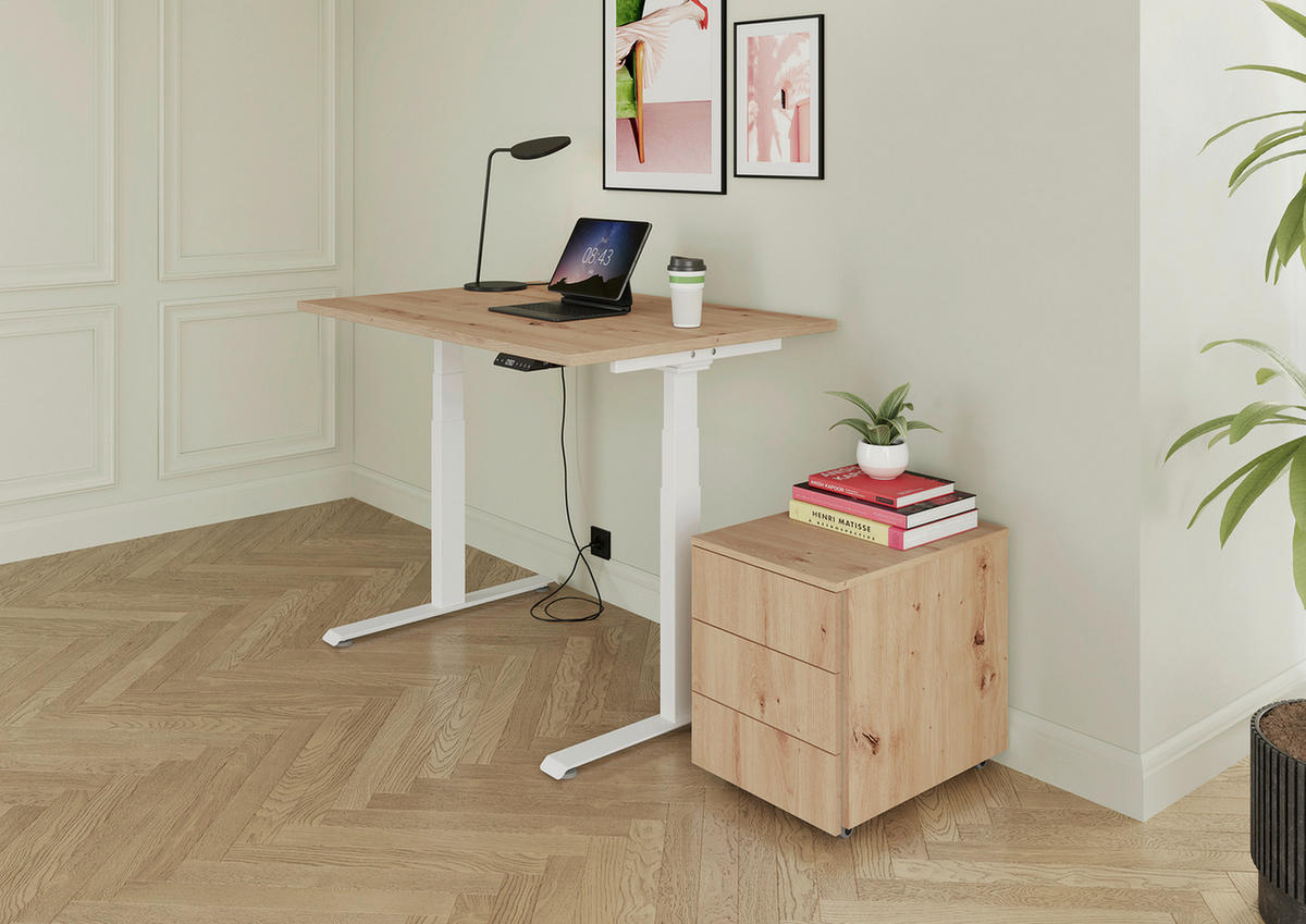 SCHREIBTISCH 140/80/64,5-129,5 cm Weiß, Eichefarben elektrisch höhenverstellbar  - Eichefarben/Weiß, KONVENTIONELL, Holzwerkstoff/Metall (140/80/64,5-129,5cm) - Venda
