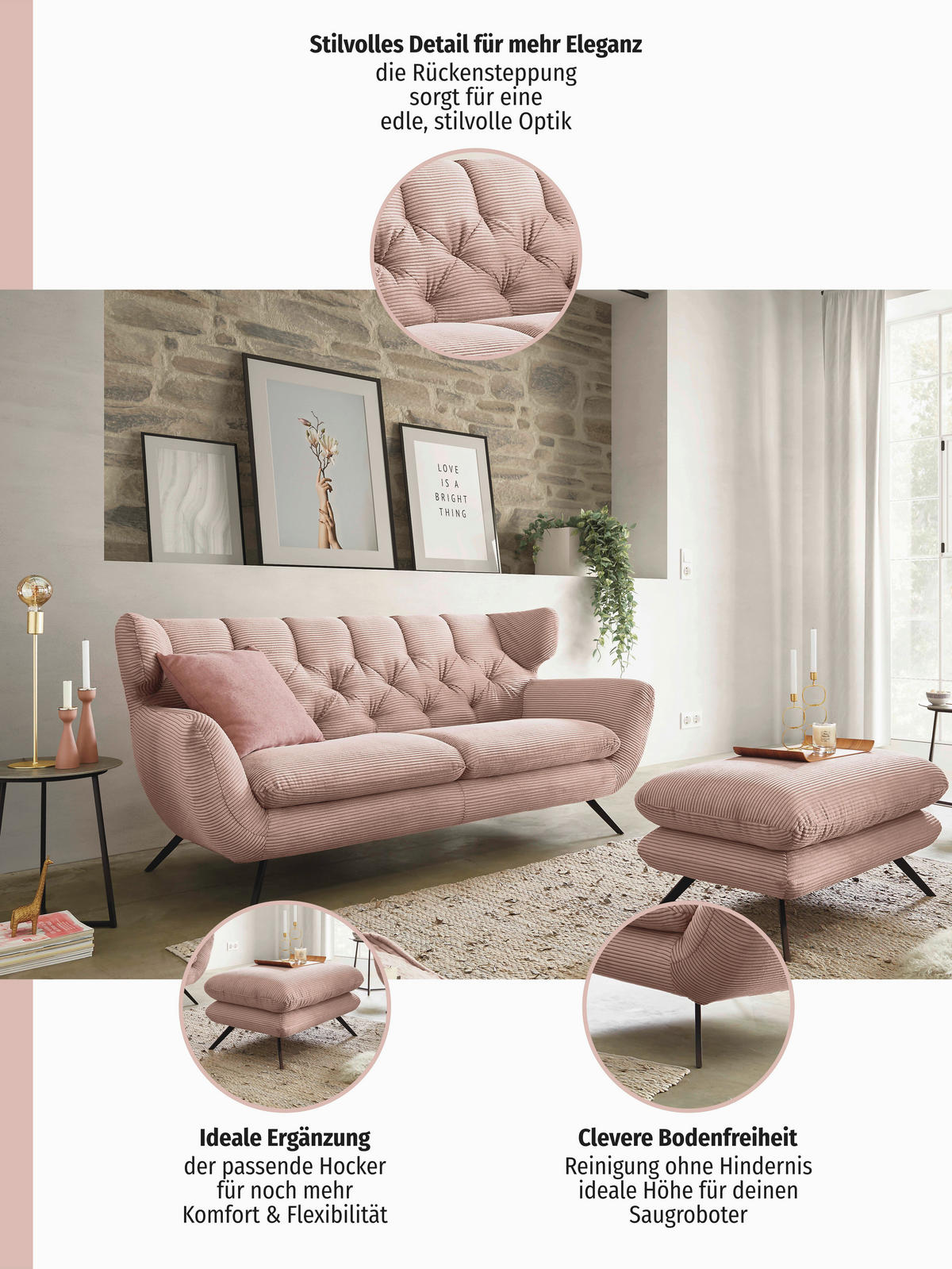 CHESTERFIELD-SOFA Cord Naturfarben  - Schwarz/Naturfarben, MODERN, Textil/Metall (160/94/95cm) - Pure Home Lifestyle