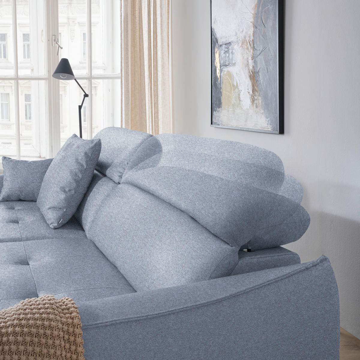 ECKSOFA Flachgewebe Hellblau  - Schwarz/Hellblau, Design, Textil/Metall (246/175cm) - Celina