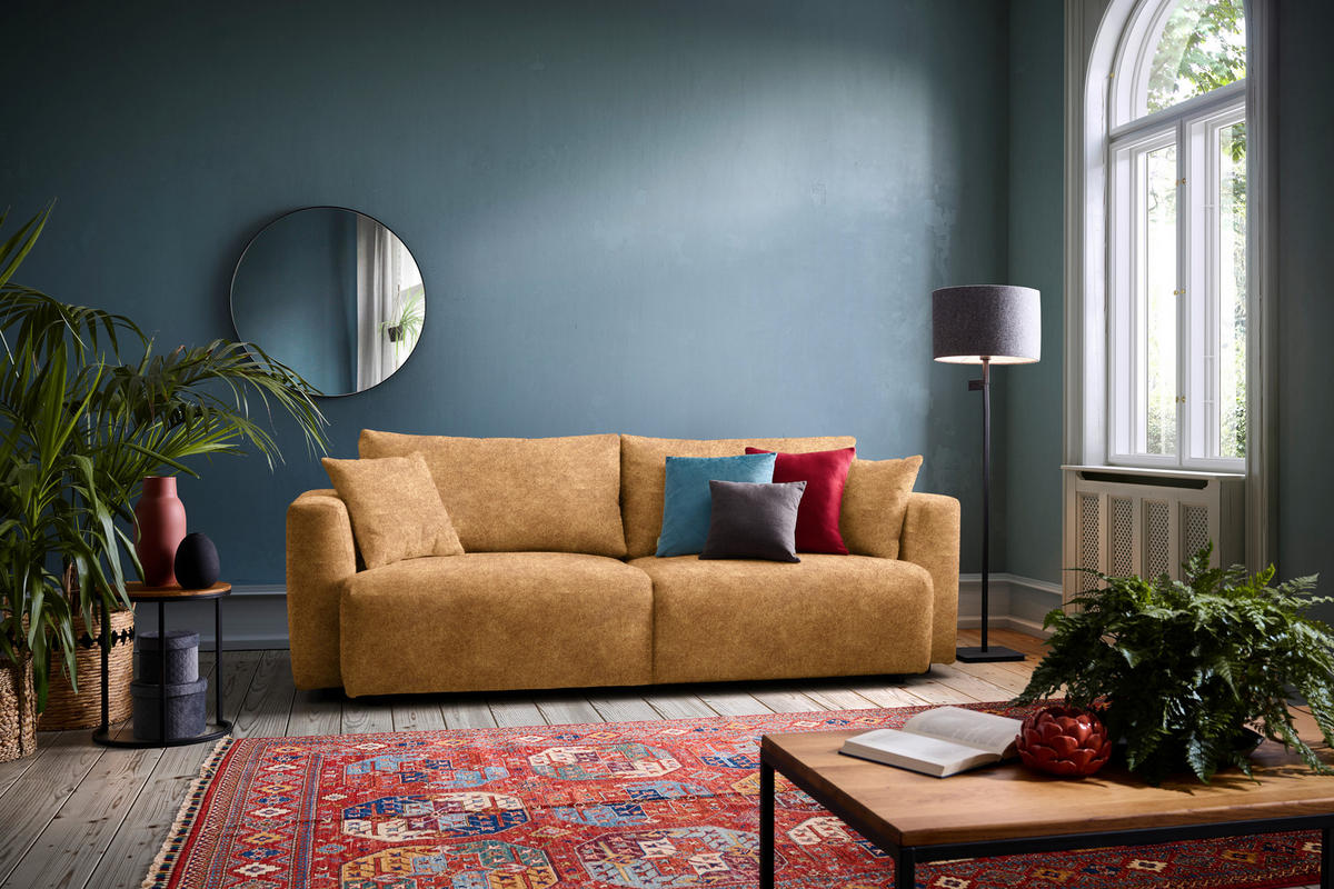 SCHLAFSOFA  mit Stoffauswahl, Schlafen auf Sitzhöhe, Rücken echt Velours Currygelb  - Currygelb/Schwarz, Design, Kunststoff/Textil (250/92/105cm) - Carryhome