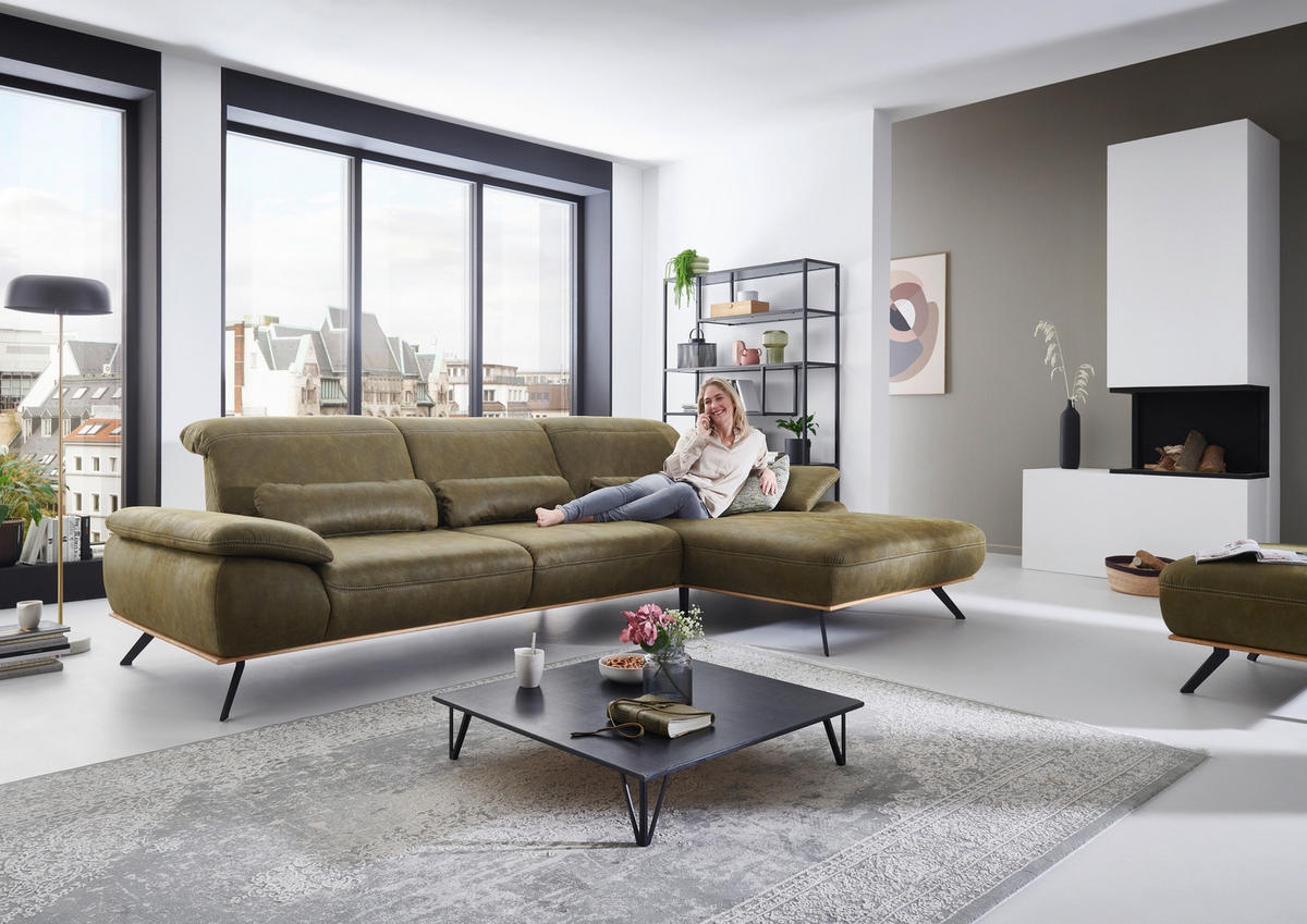 ECKSOFA Grün Mikrofaser  - Eichefarben/Beige, Natur, Holz/Textil (322/201cm) - Voleo
