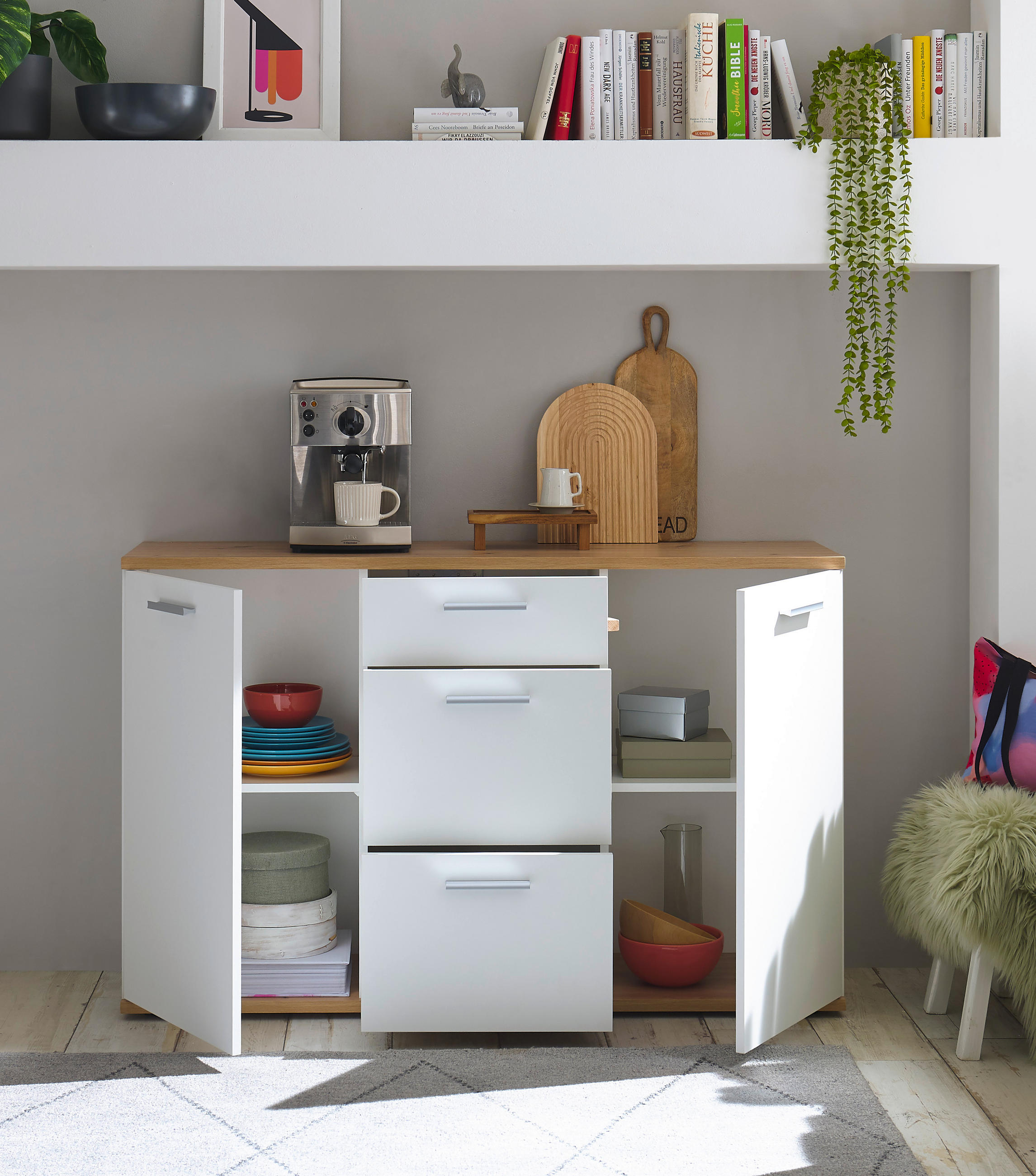 Thumbnail - Mid.you Sideboard, Weiß, Eiche Artisan, Kunststoff, 2 Fächer, 3 Schubladen, 135x86x38 cm, Beimöbel erhältlich, Wohnzimme...