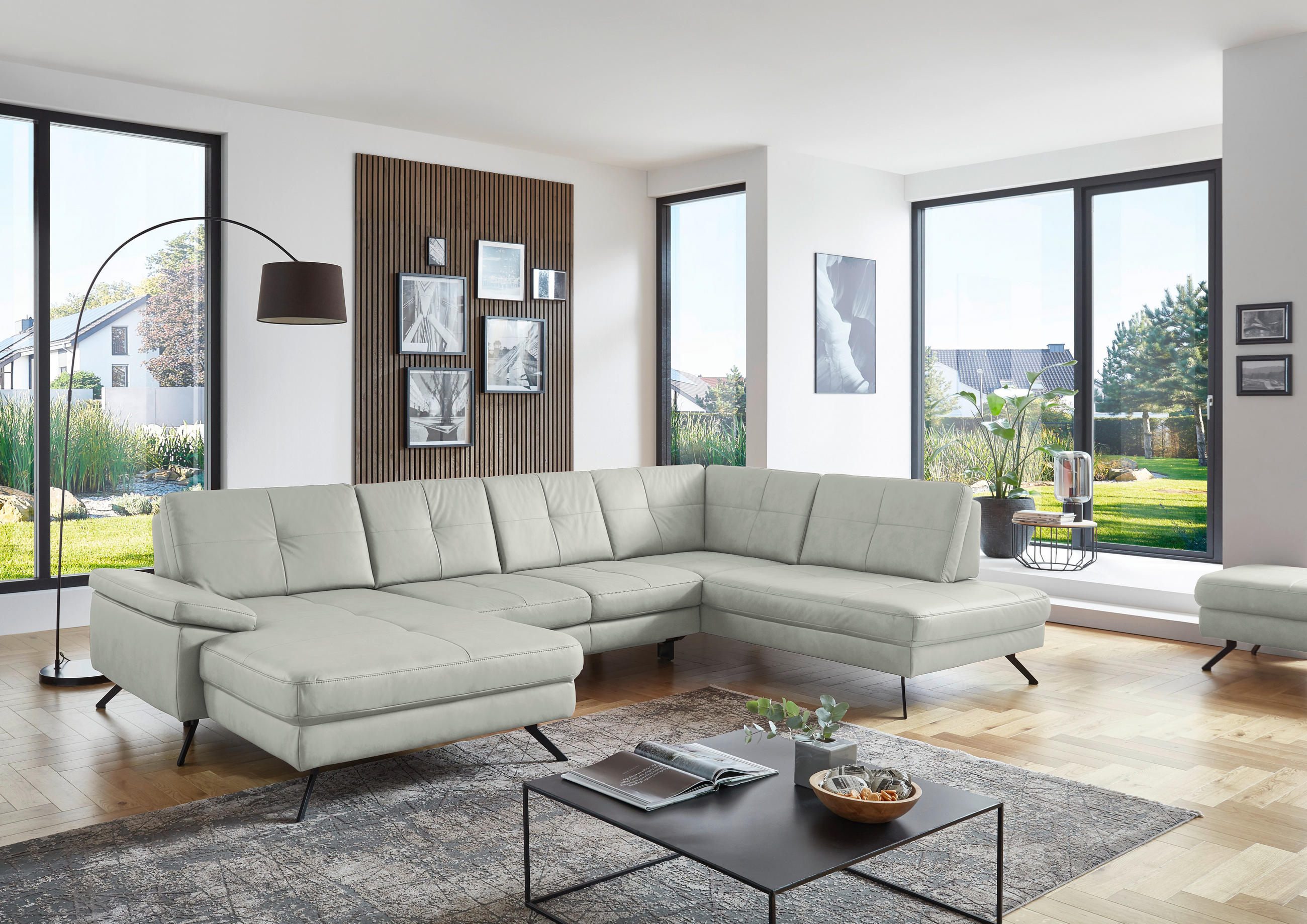 WOHNLANDSCHAFT in Lederlook, Mikrofaser Hellgrau  - Hellgrau/Schwarz, Design, Textil/Metall (179/343/220cm) - Beldomo System