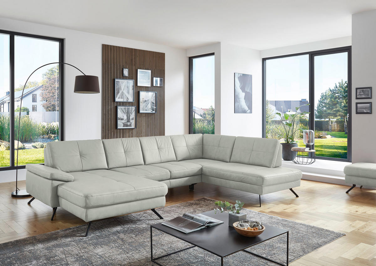 WOHNLANDSCHAFT in Lederlook, Mikrofaser Hellgrau  - Hellgrau/Schwarz, Design, Textil/Metall (179/343/220cm) - Beldomo System