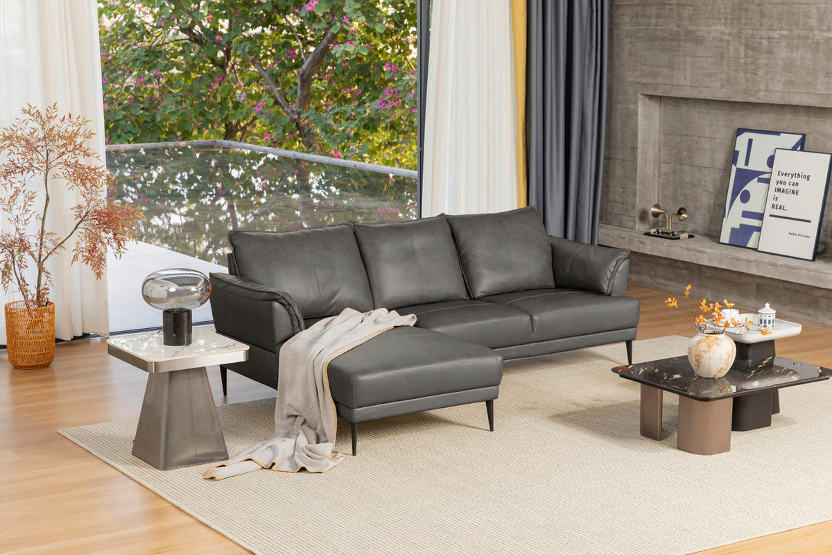 KOTNA SEDEŽNA GARNITURA, pravo usnje siva  - črna/siva, Design, kovina/tekstil (153/233cm) - Livetastic