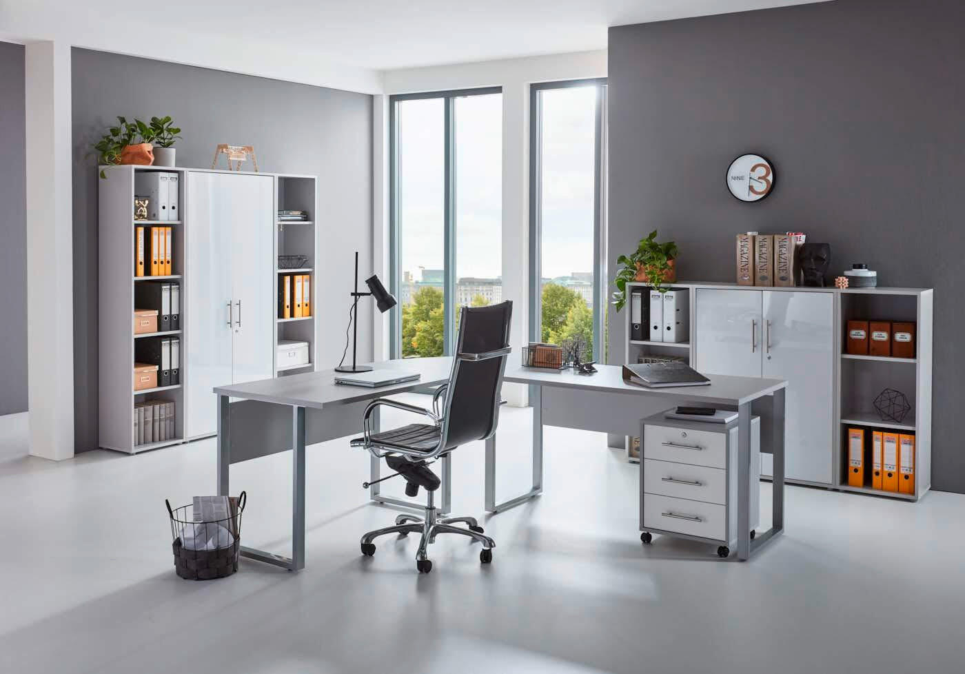 BÜRO erweiterbar, in verschiedenen Holz-Dekoren erhältlich, Schreibtisch seitenverkehrt montierbar, abschließbar Grau, Weiß Hochglanz - Weiß Hochglanz/Grau, MODERN, Holzwerkstoff - MID.YOU