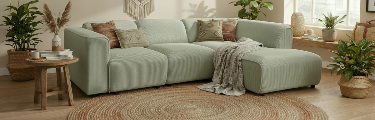 ECKSOFA ANTHONY Grün Cord  - Schwarz/Grün, Design, Kunststoff/Textil (275/163cm) - MID.YOU