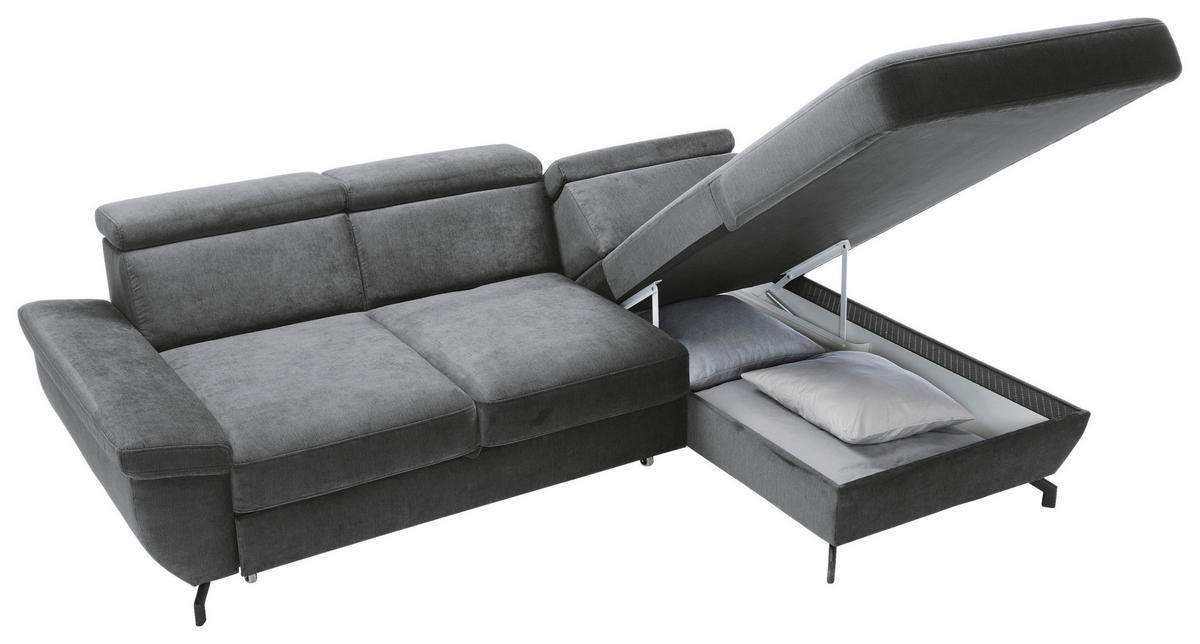 ECKSOFA in Velours Anthrazit  - Anthrazit/Silberfarben, Modern, Textil/Metall (262/182cm) - Trendmanufaktur